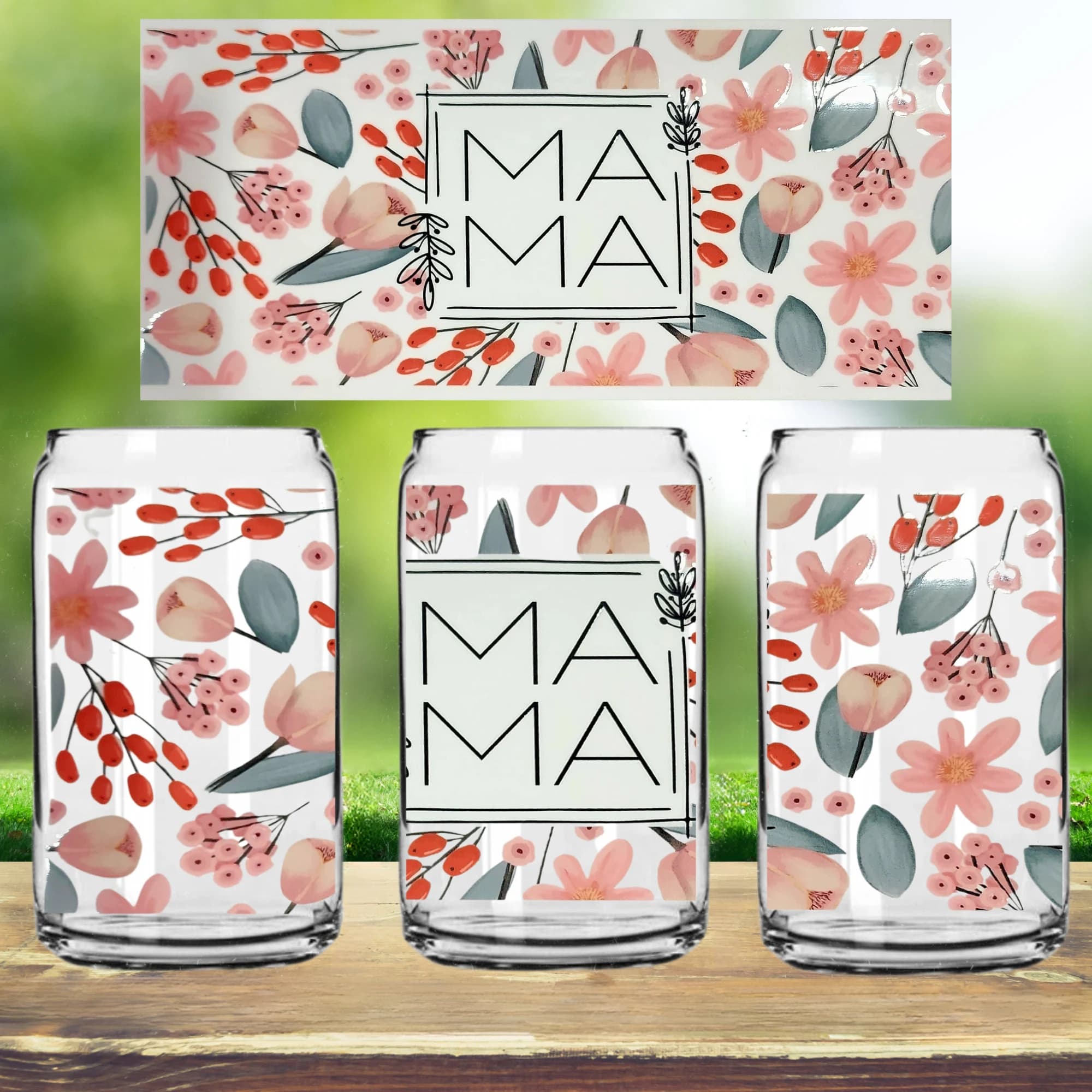 Mama Glass Can Tumbler: Floral Design, Bamboo Lid & Glass Straw - image 3