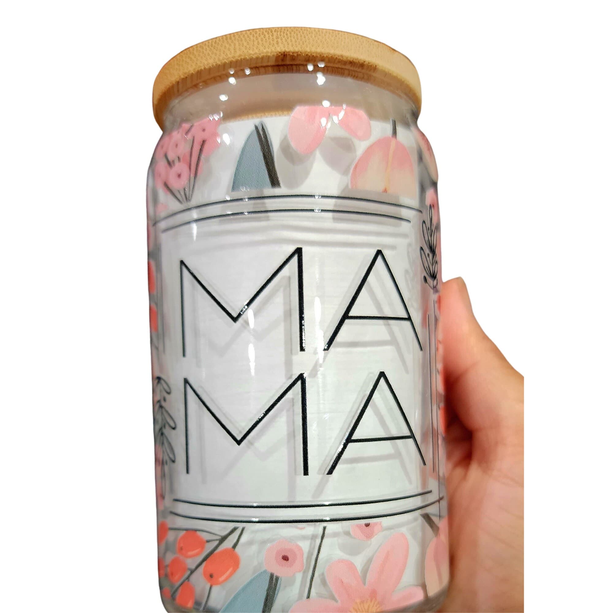 Mama Glass Can Tumbler: Floral Design, Bamboo Lid & Glass Straw - image 5