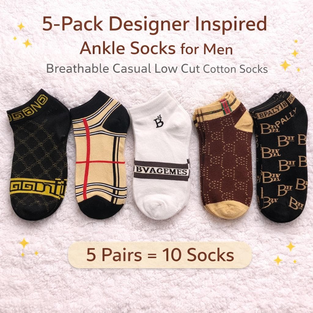 Men’s Ankle Socks 5 Pack | Designer Party Wear Inspired Casual, Breathable Cotton Low Cut Socks | Everyday Streetwear Gift