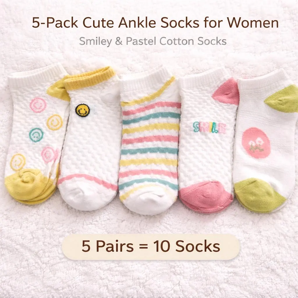 Women’s Ankle Socks 5 Pack – Cute Smiley & Floral Socks, Soft Breathable Cotton, Low Cut Everyday Socks, Gift for Her