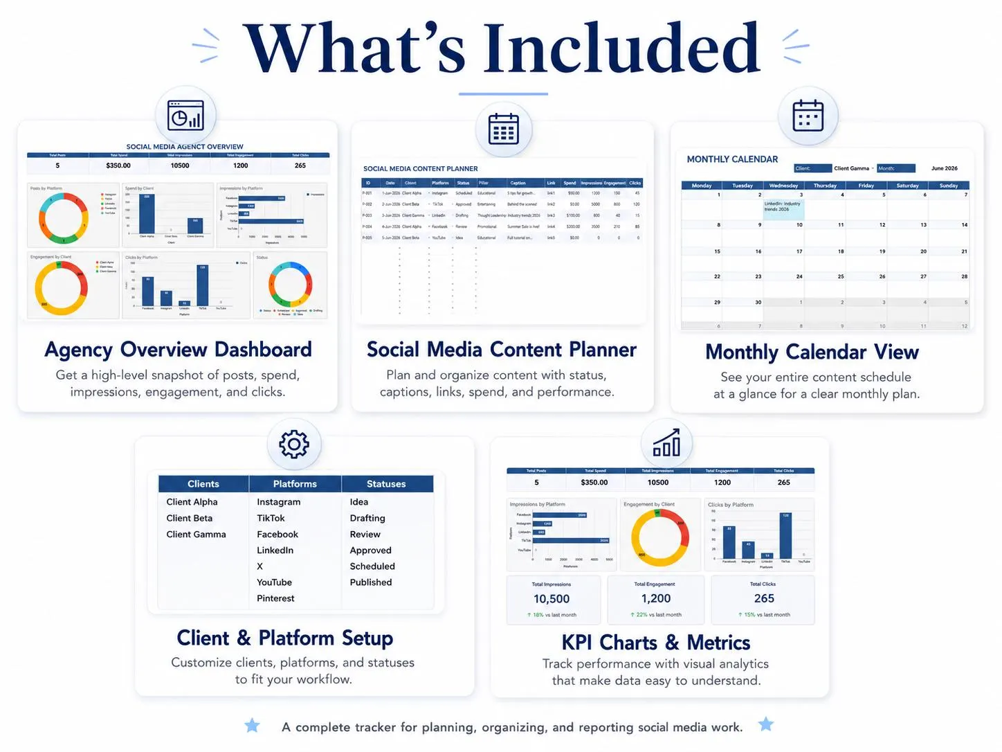Social Media Planner, Social Media Manager Template, Content Calendar Spreadsheet, Analytics Tracker & KPI Dashboard for Marketing Agency - image 5