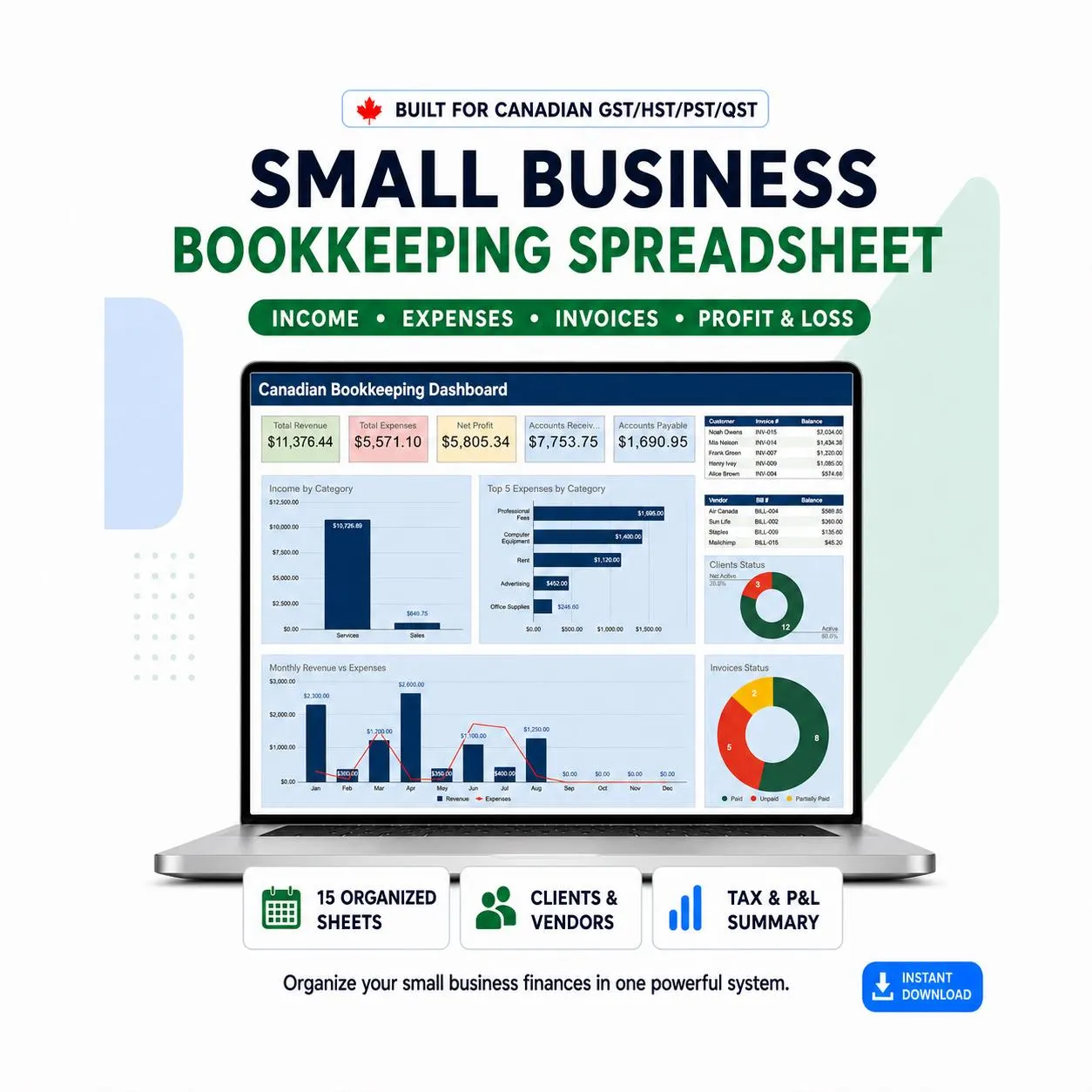 Small Business Bookkeeping Spreadsheet, Canadian Bookkeeping Business Planner, Sales Invoice Tax Tracker, Excel Spreadsheet Template