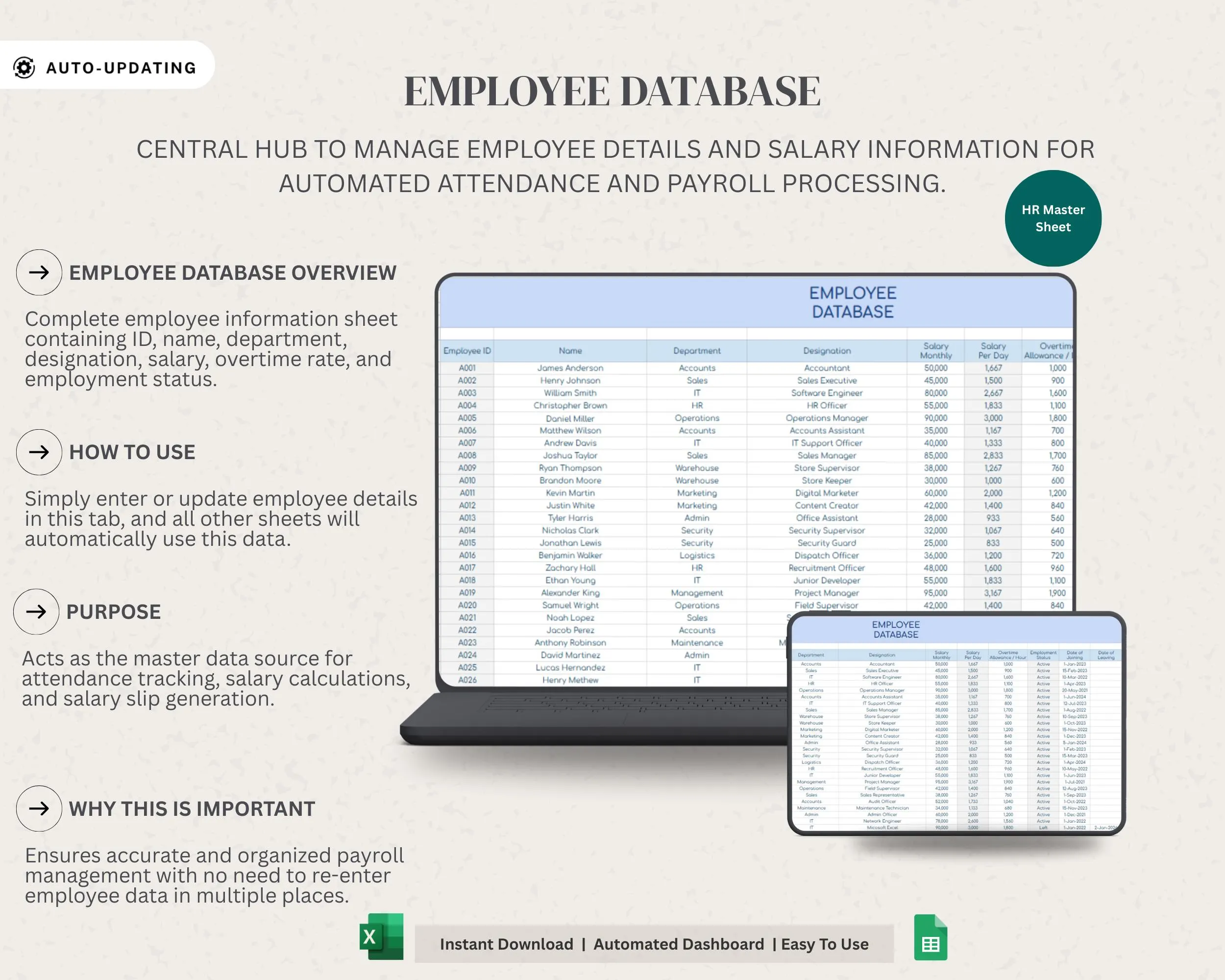 HR Dashboard, Payroll Spreadsheet, HR Templates, Attendance Tracker, Employee Database, Payroll Template Sheet, Employee Management Excel