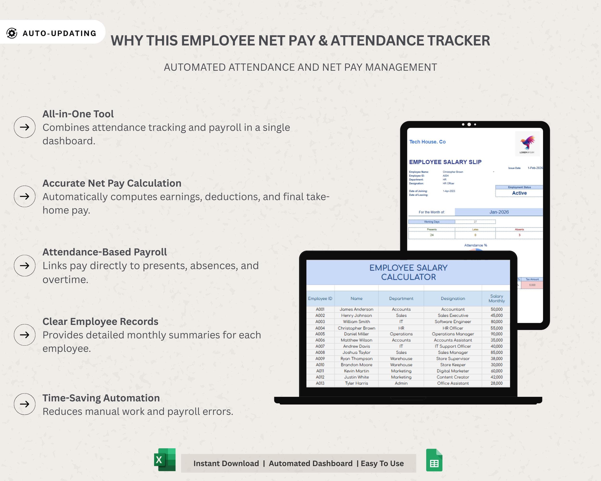 HR Dashboard, Payroll Spreadsheet, HR Templates, Attendance Tracker, Employee Database, Payroll Template Sheet, Employee Management Excel - image 5