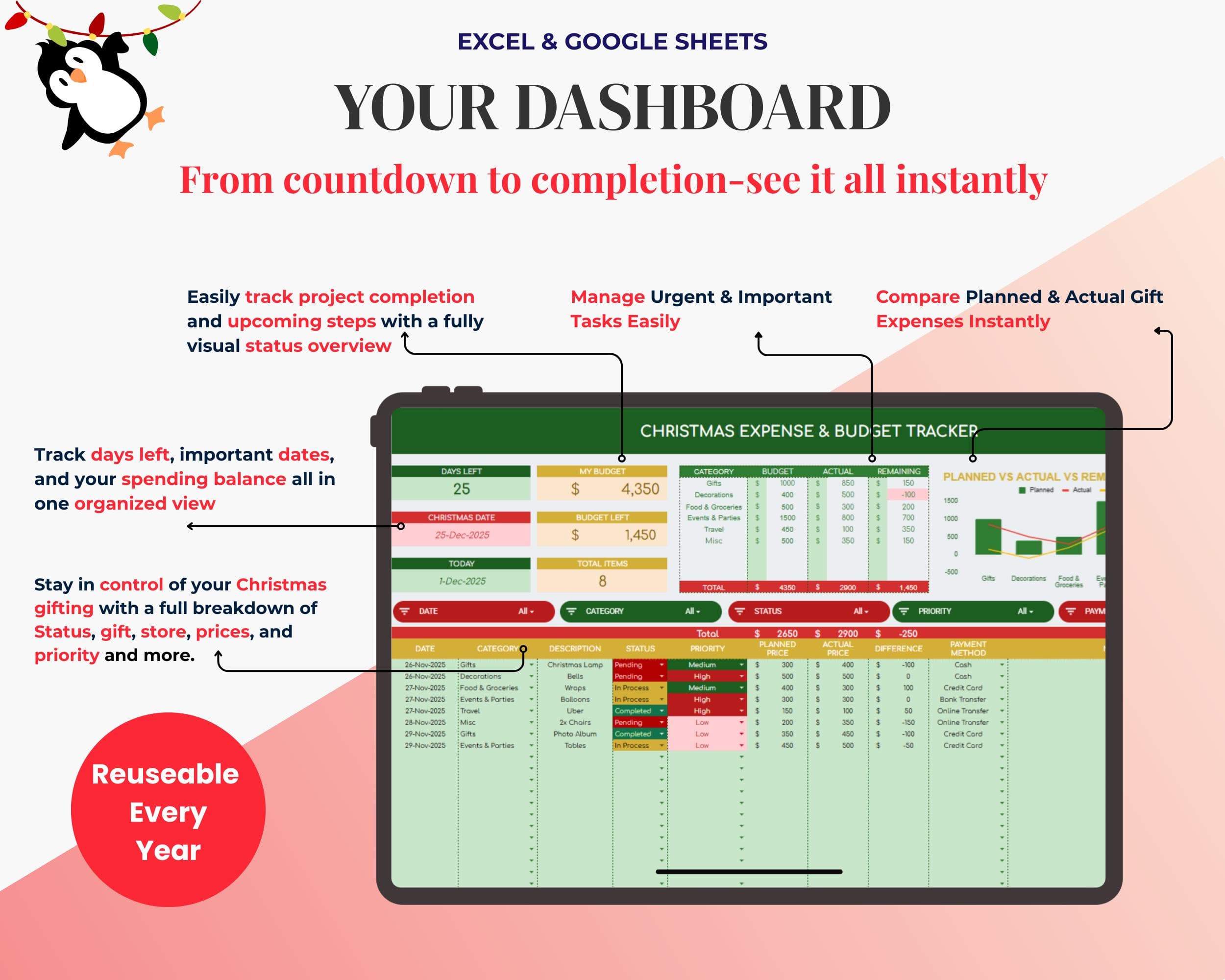Christmas Budget Planner & Gift Tracker (Excel, Google Sheets)