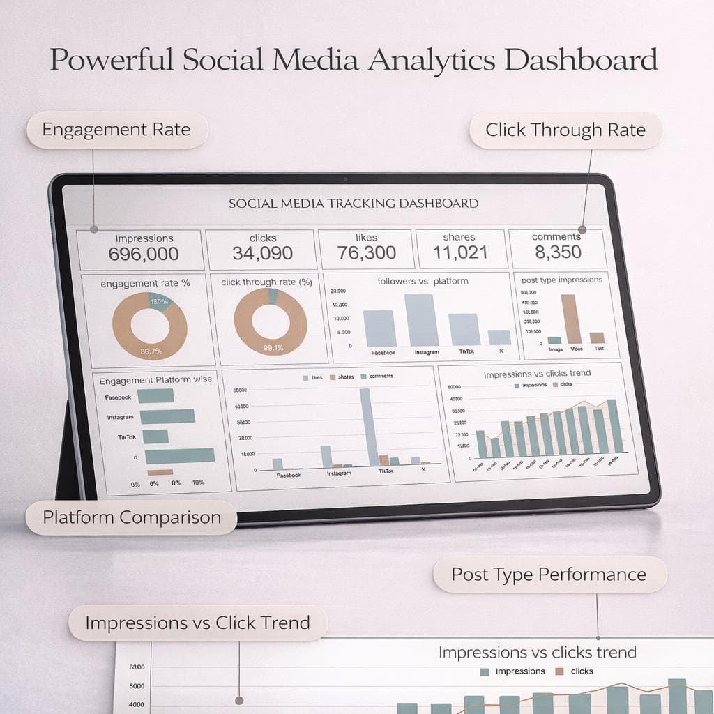 Social Media Analytics Tracker, content planner google sheet template, marketing analytics, social media planner (Excel Google Sheets)