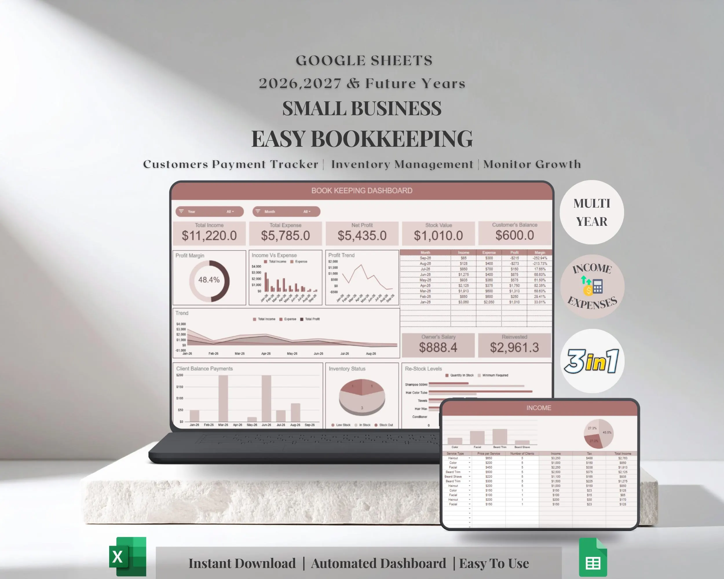 Small Business Planner, Bookkeeping Template, Business Expense Tracker Excel, Profit and Loss, Accounting, Inventory and Invoice Tracker