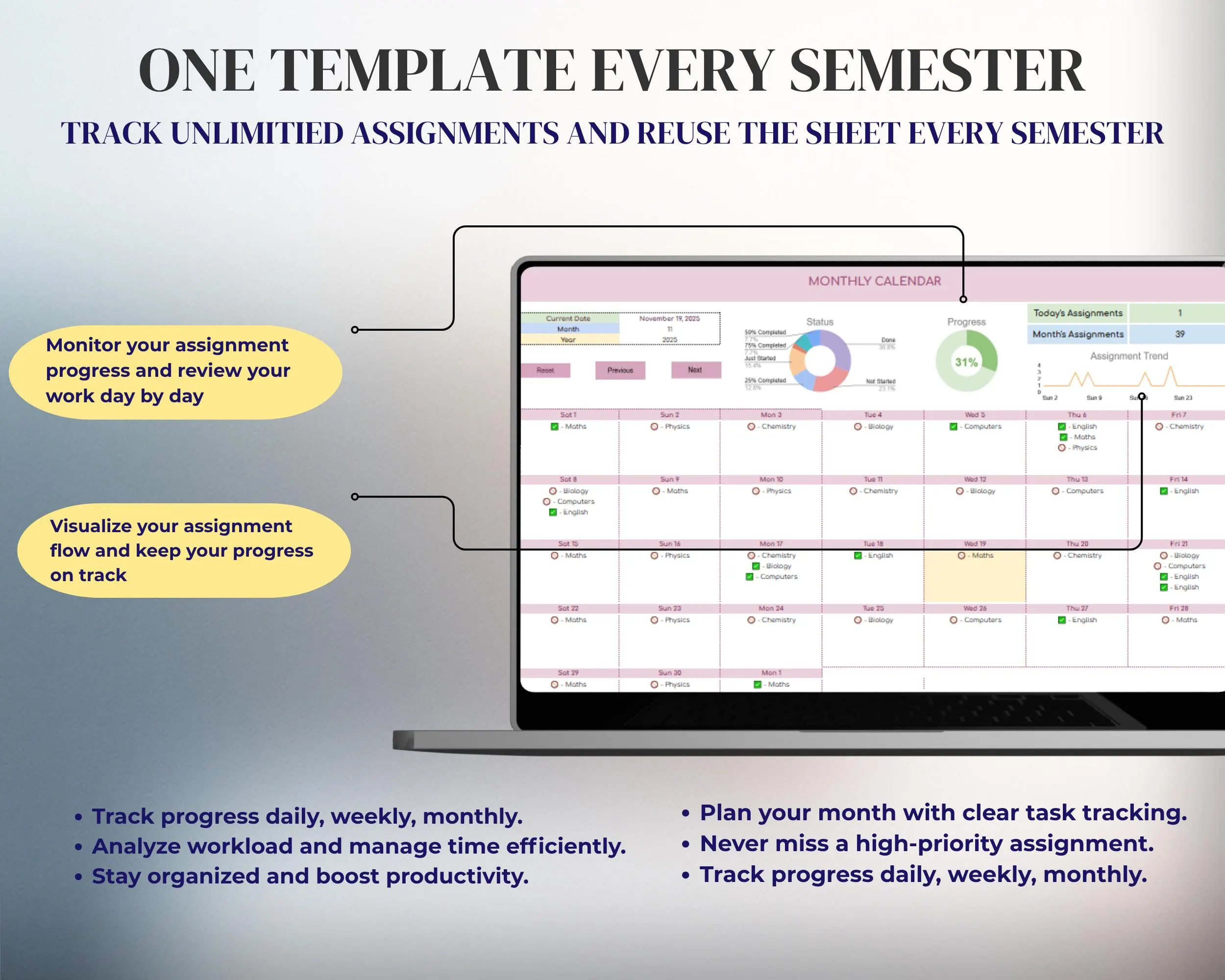 Student Planner Assignment Tracker Academic Study Planner Spreadsheet College University Course School Planner Class Google Sheets Template - image 4