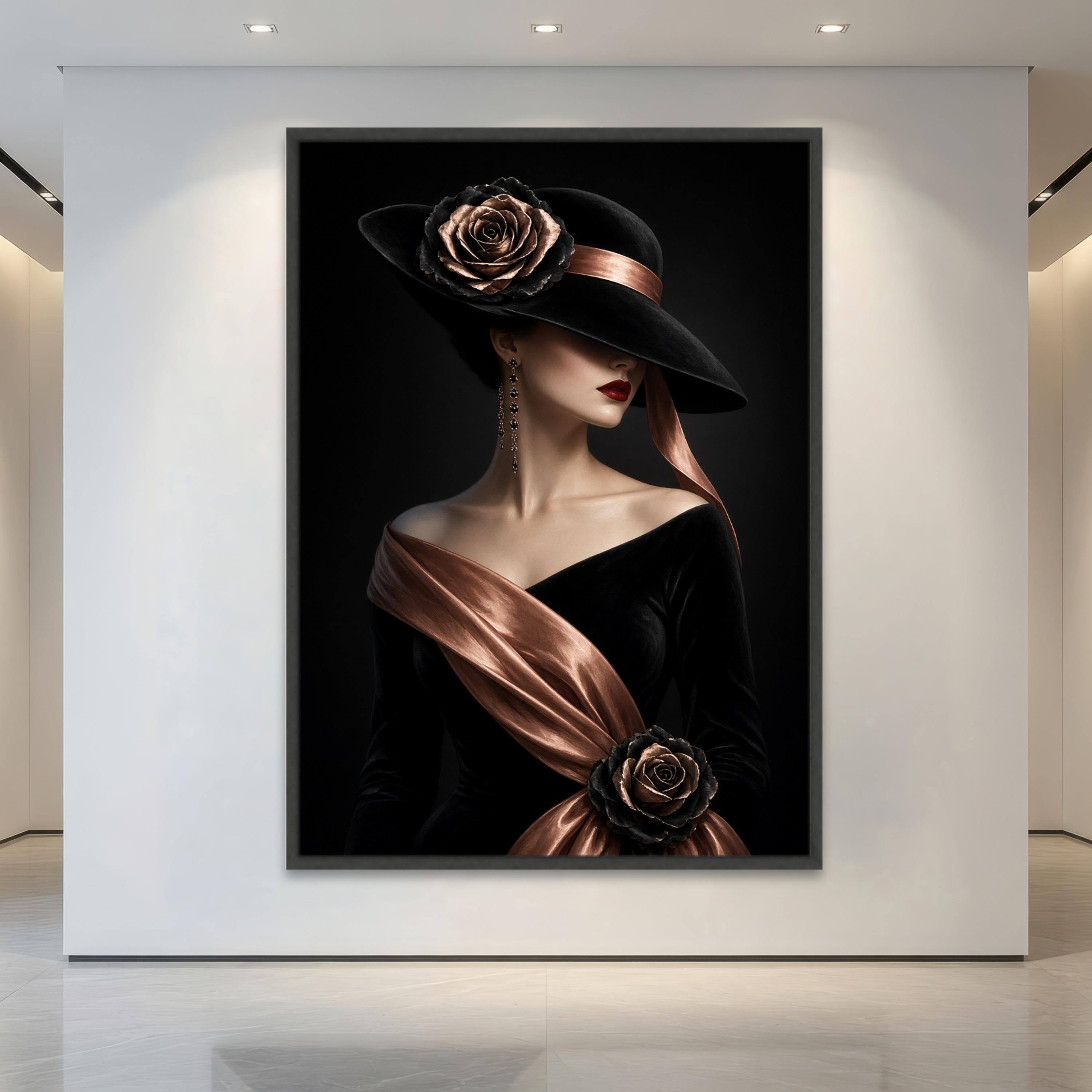 Black Hat Woman Canvas Artwork, Copper Rose Portrait, Gothic Fashion, Dramatic Black and Brown Lady, Dark Feminine Style, Personalized - image 4