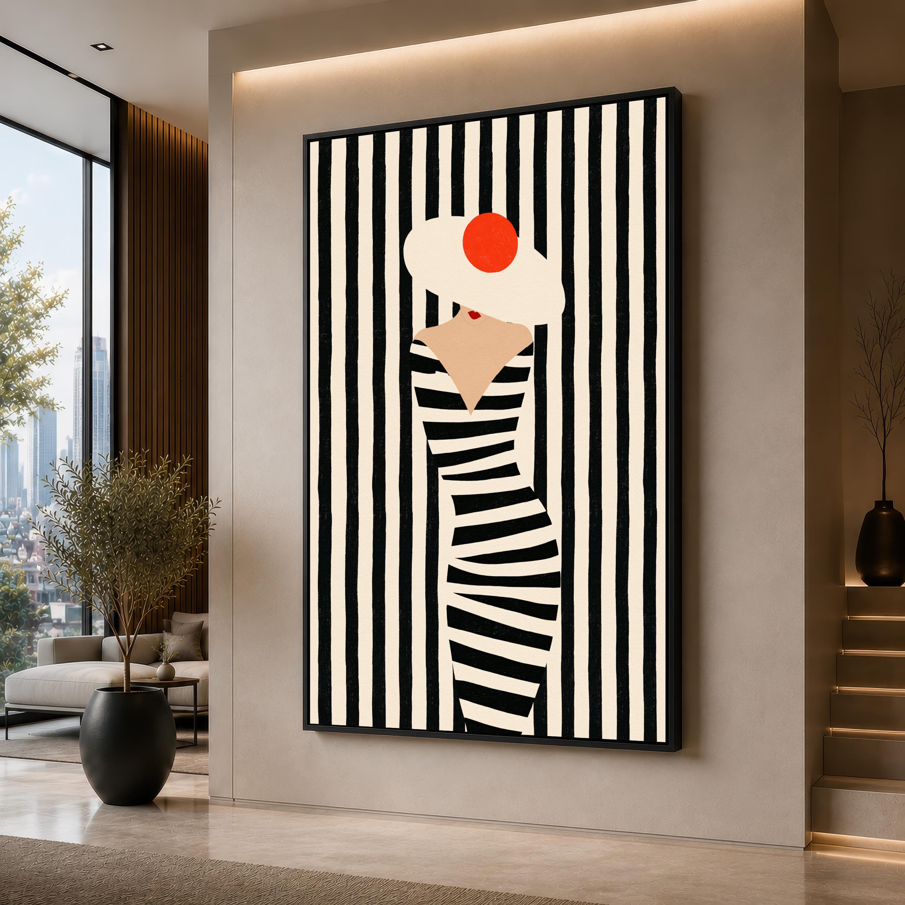 Black and Beige Woman Portrait Canvas Artwork, Red Beret Fashion Illustration with Striped Abstract Composition, Personalization Available