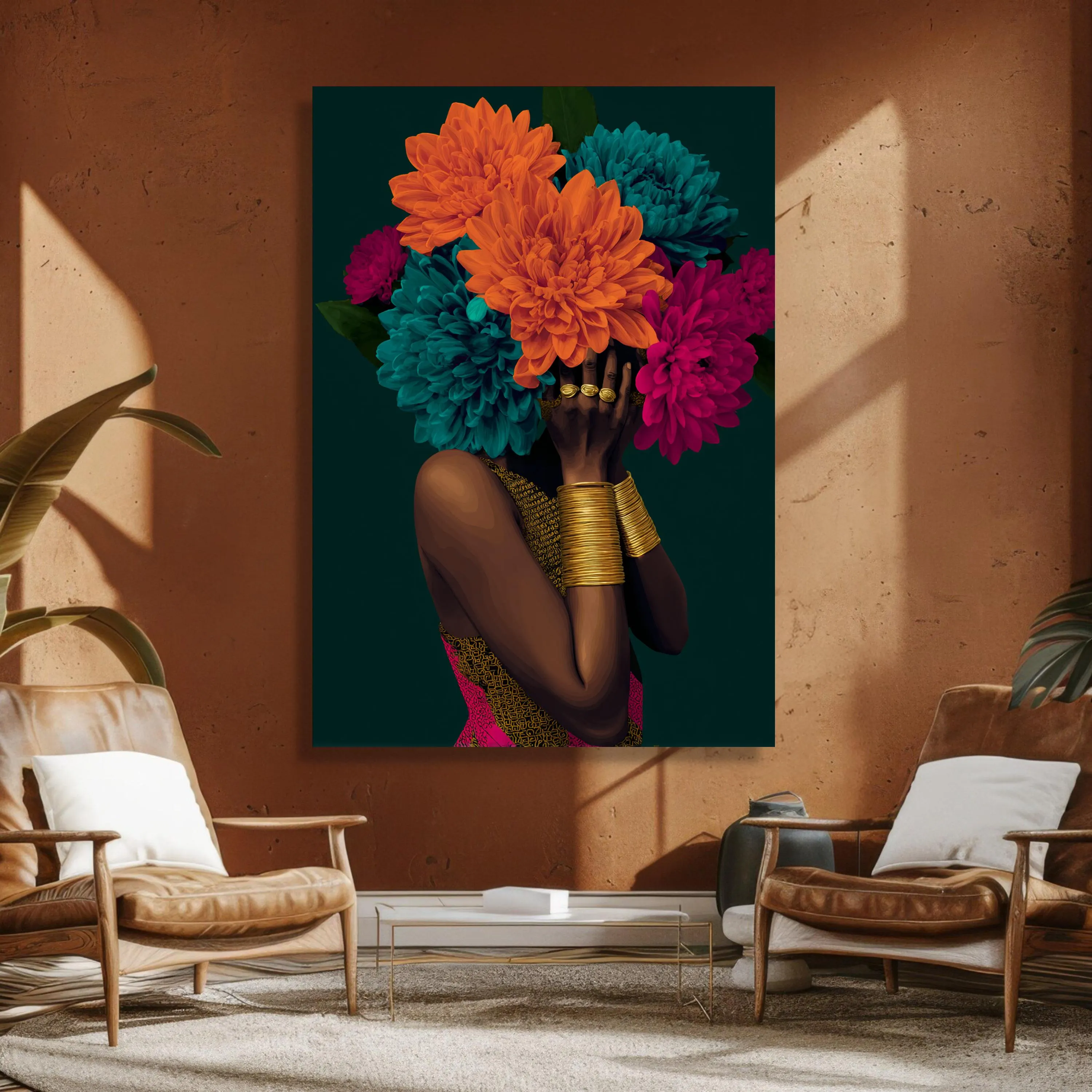 Vibrant Floral Headpiece Canvas, African Woman Portrait Wall Art, Colorful Chrysanthemum Bouquet, Ethnic Fashion Canvas, Modern Home - image 2