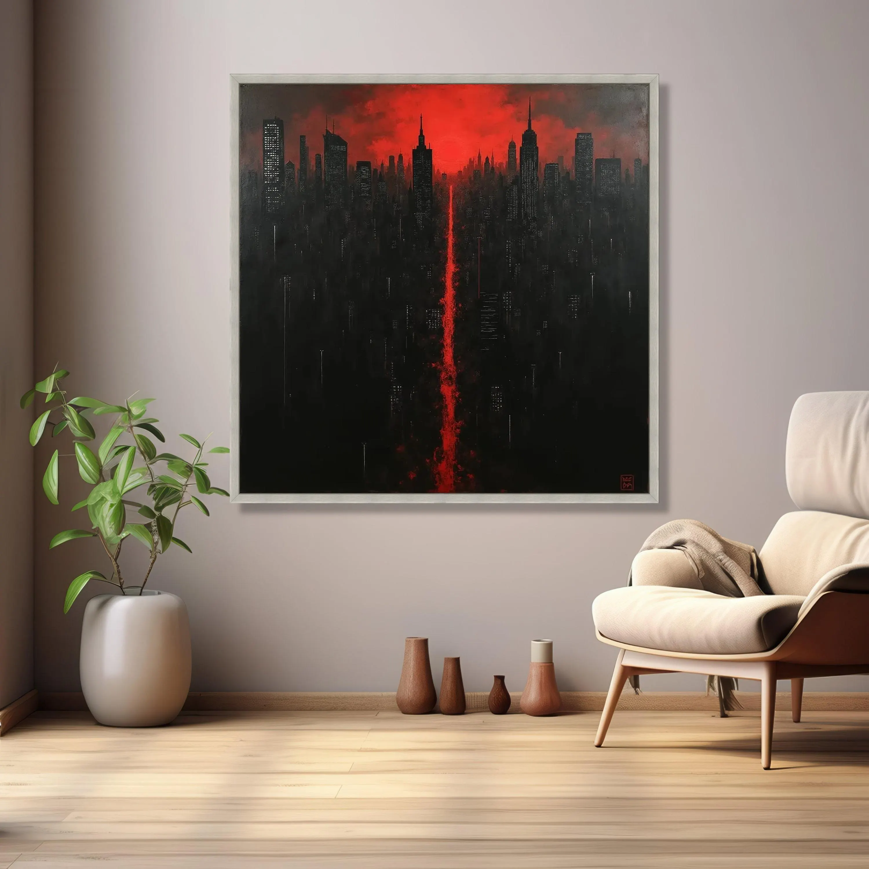 Dramatic City Skyline Canvas, Red Sunset Urban Wall Art, Modern Cityscape Painting, Nighttime City Lights Canvas, Contemporary Home Decor - image 5