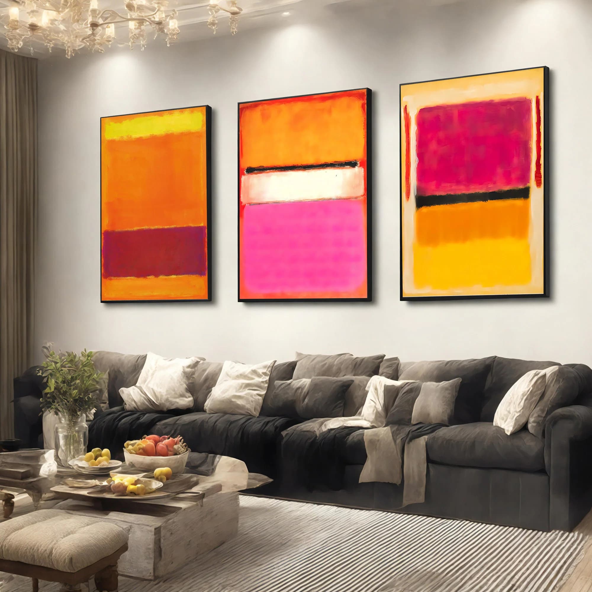 Mark Rothko Set Of 3 Canvas Red-Orange Mix Color Art Reproduction, Mark Rothko Reproduction, Abstract Canvas Wall Art, Modern Minimal Art