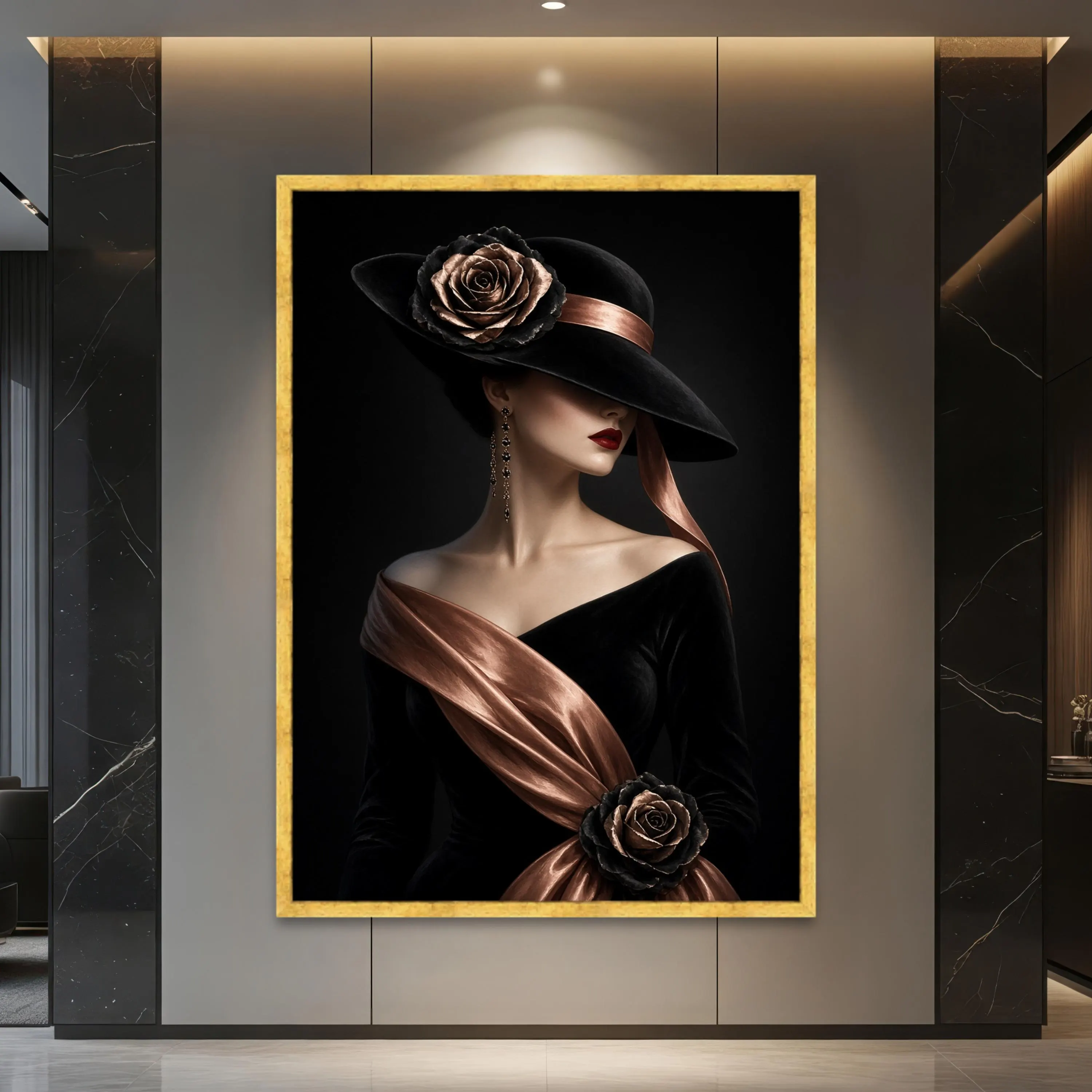 Black Hat Woman Canvas Artwork, Copper Rose Portrait, Gothic Fashion, Dramatic Black and Brown Lady, Dark Feminine Style, Personalized - image 3