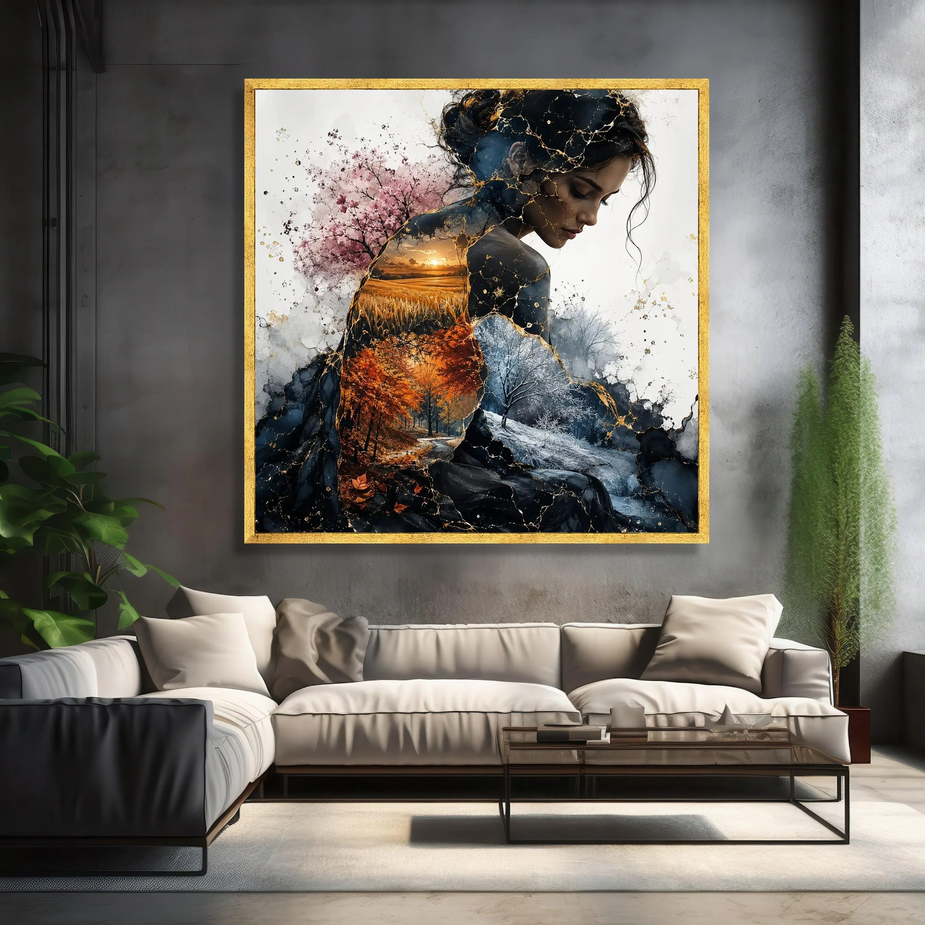 Seasons of Womanhood Canvas Wall Art, Four Seasons Landscape, Nature and Portrait Fusion, Autumn Winter Spring Summer Scene, Gold Detail - image 3