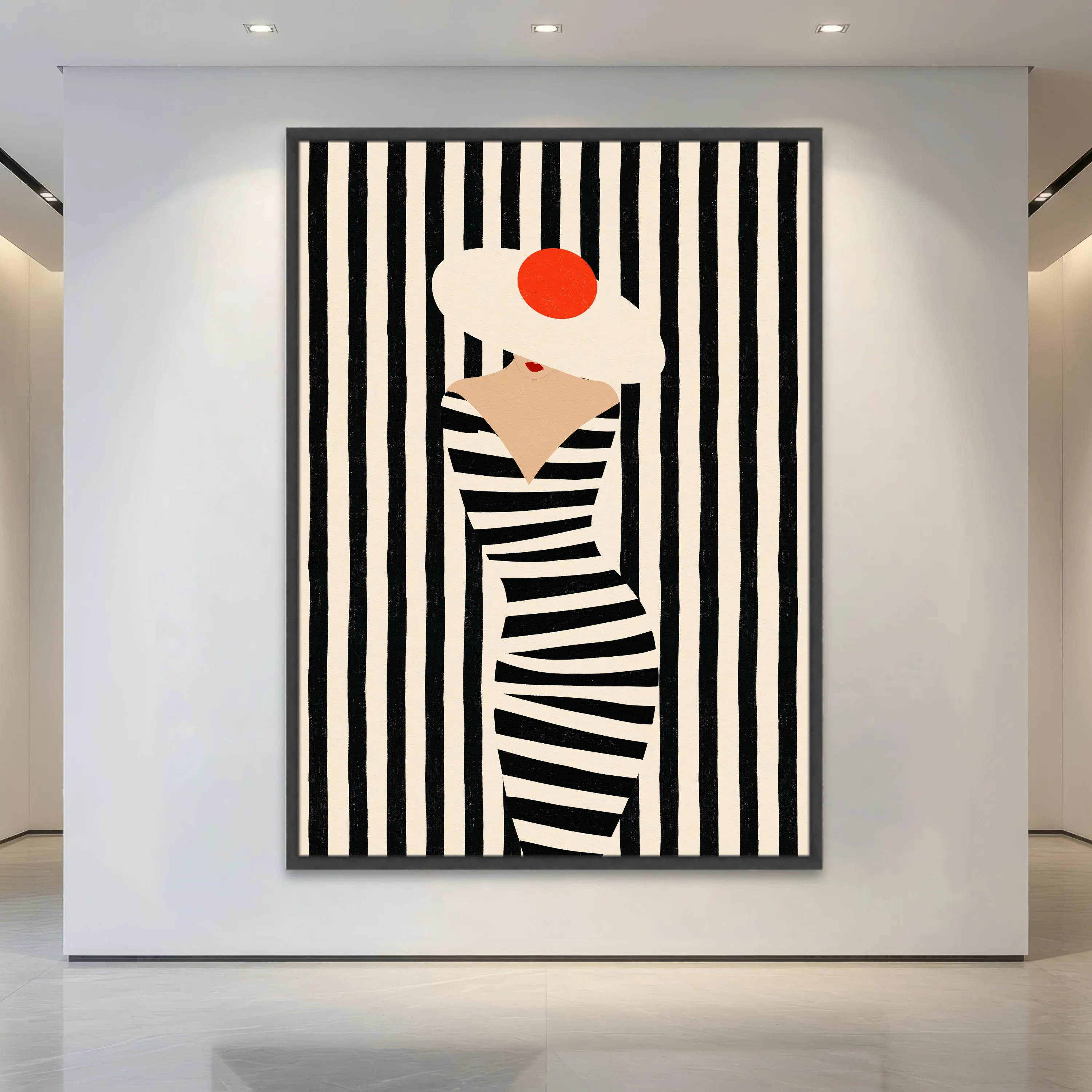 Black and Beige Woman Portrait Canvas Artwork, Red Beret Fashion Illustration with Striped Abstract Composition, Personalization Available - image 4