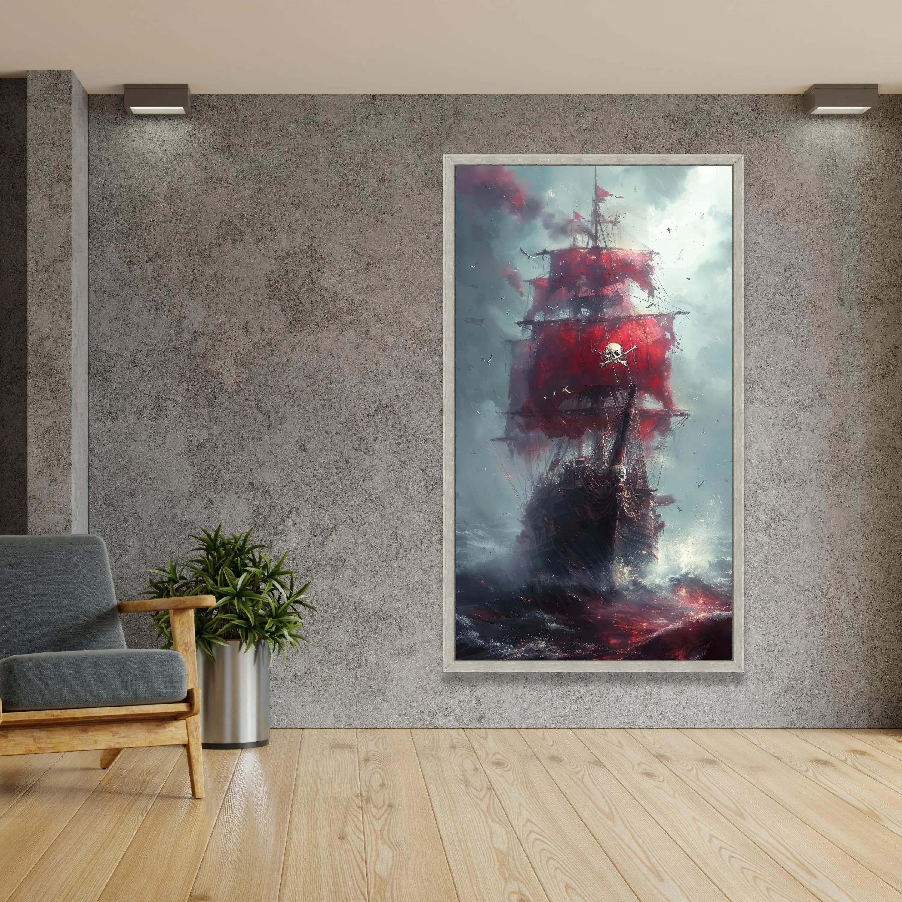 Dark Pirate Ship with Red Sails Canvas, Skull and Crossbones Canvas Wall Art, Dramatic Ocean Scene, Gothic Nautical Decor, Stormy Sea Canvas - image 5