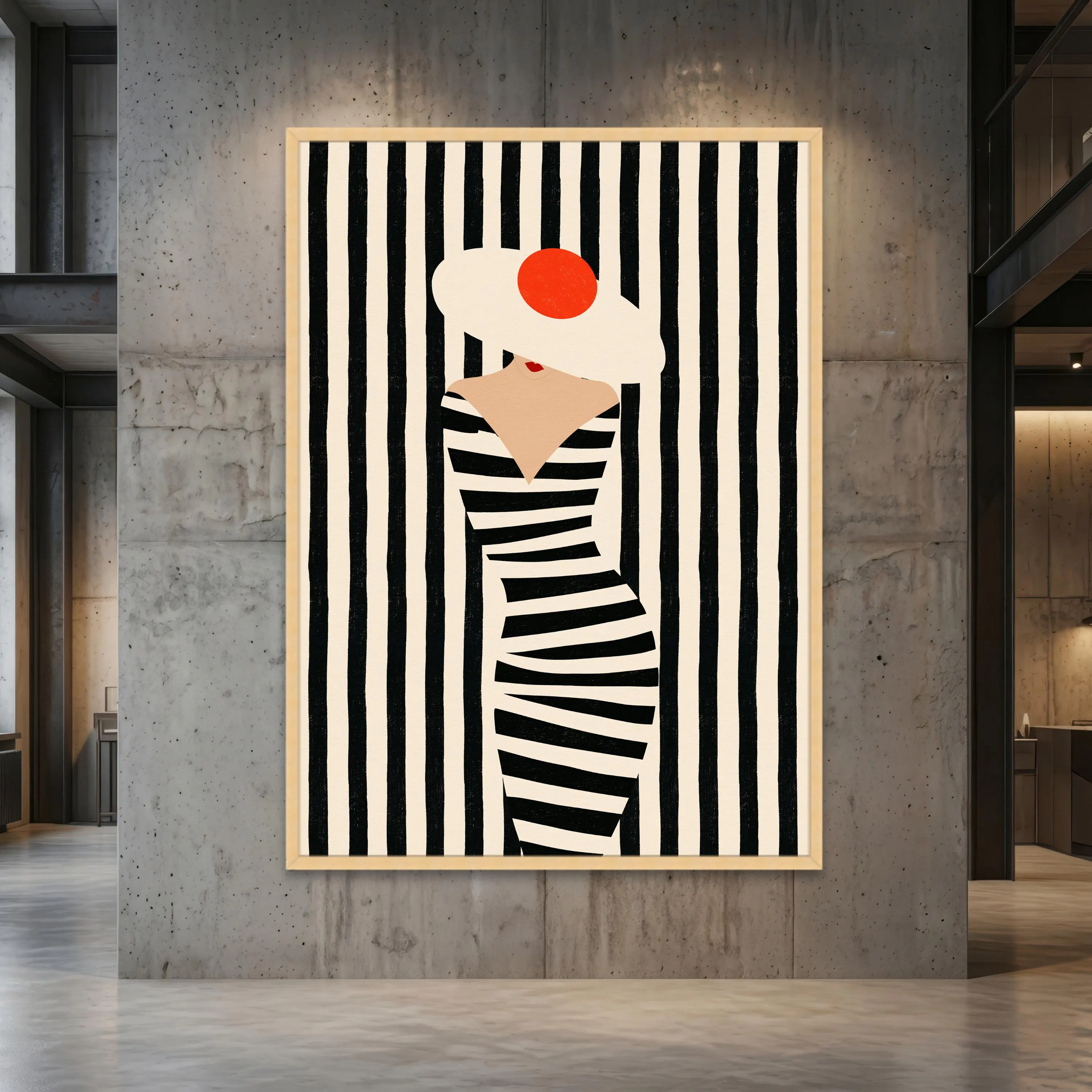 Black and Beige Woman Portrait Canvas Artwork, Red Beret Fashion Illustration with Striped Abstract Composition, Personalization Available - image 5