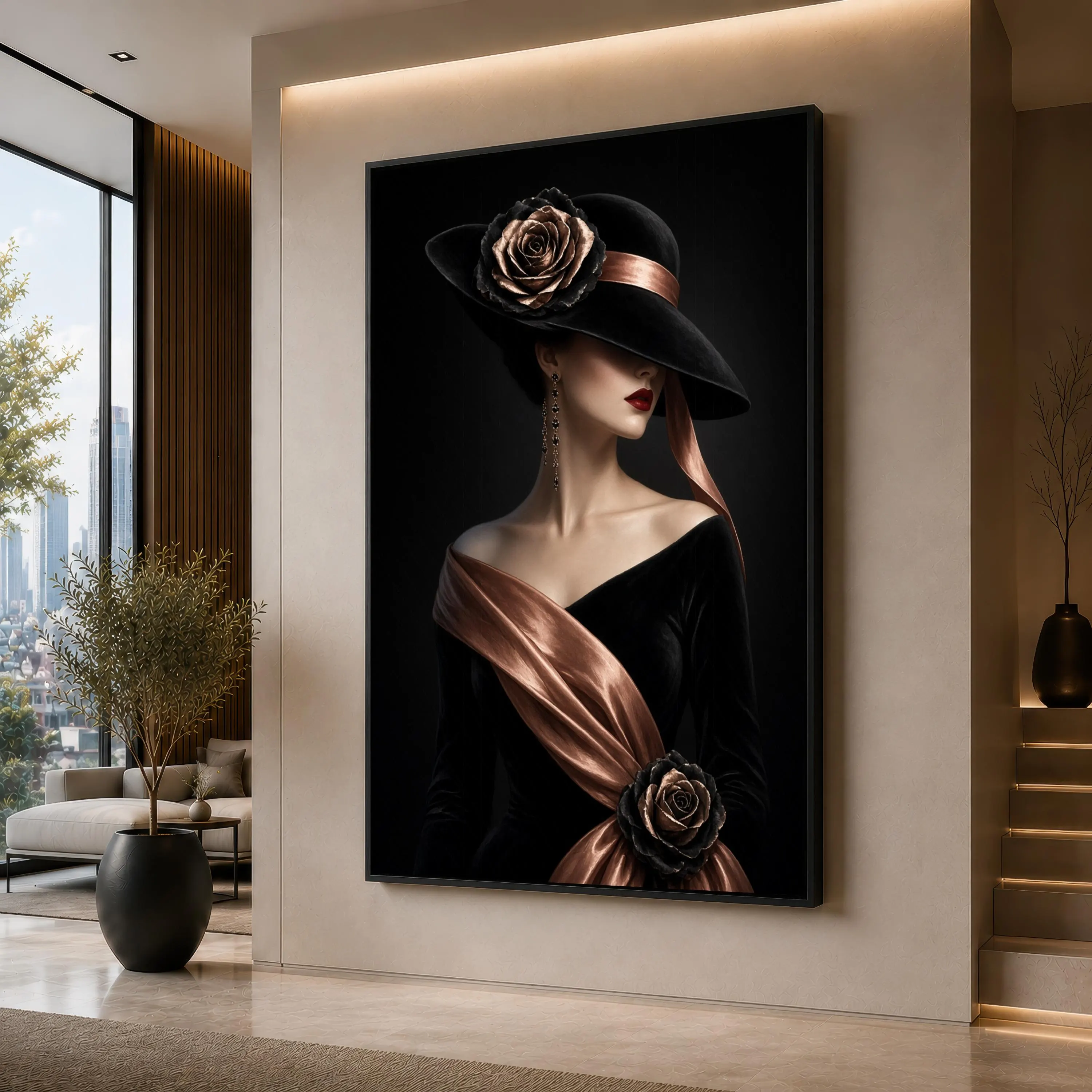 Black Hat Woman Canvas Artwork, Copper Rose Portrait, Gothic Fashion, Dramatic Black and Brown Lady, Dark Feminine Style, Personalized