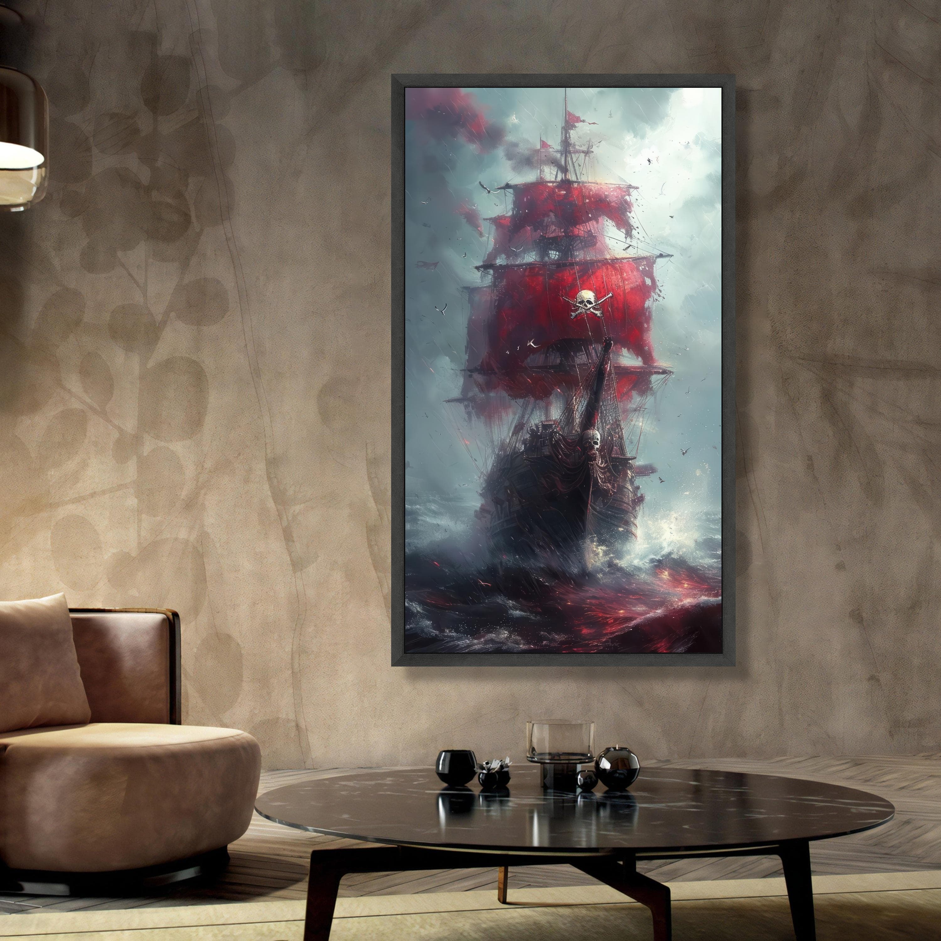 Dark Pirate Ship with Red Sails Canvas, Skull and Crossbones Canvas Wall Art, Dramatic Ocean Scene, Gothic Nautical Decor, Stormy Sea Canvas - image 4