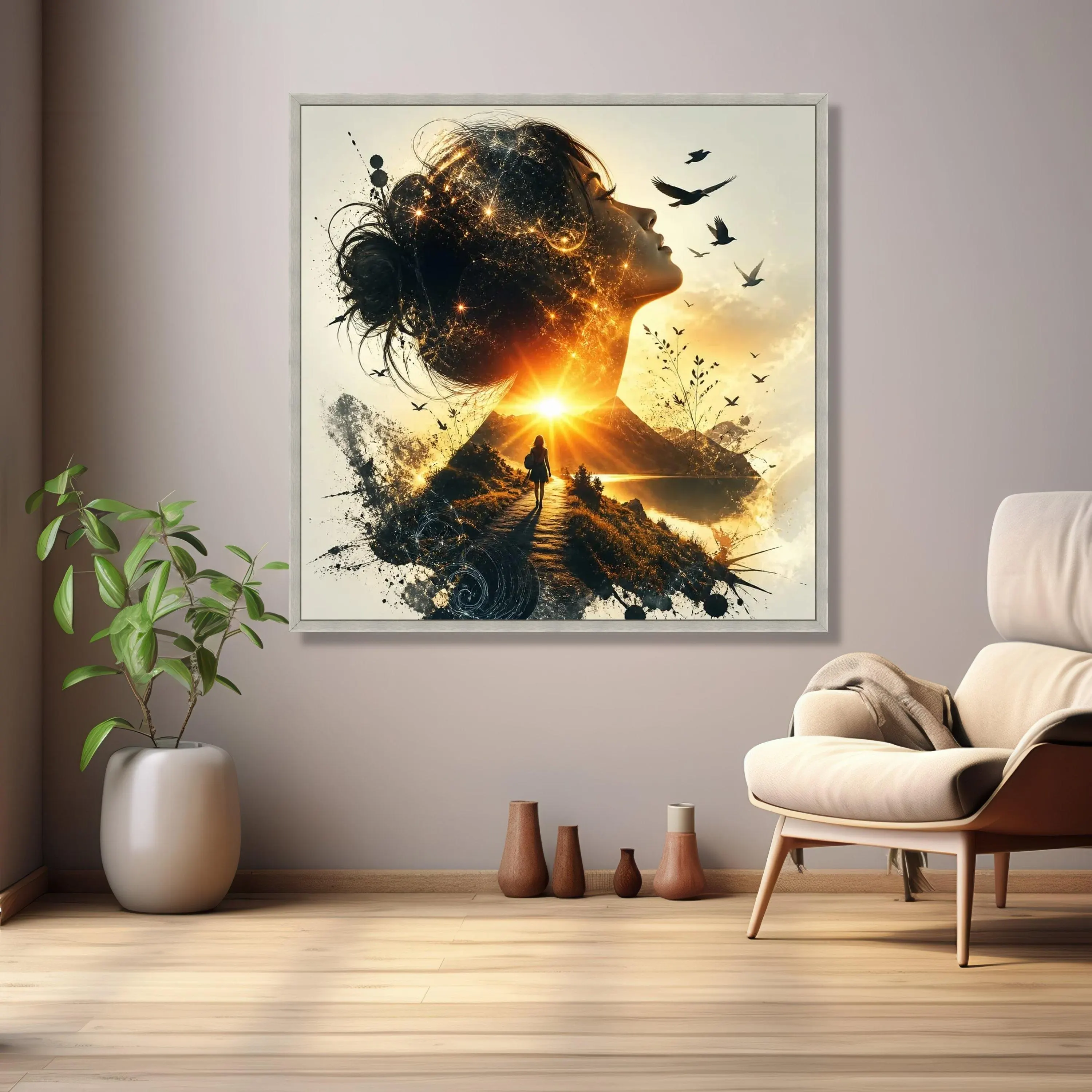 Woman Silhouette with Sunset Path Canvas, Inspirational Nature Scene, Spiritual Landscape Wall Art, Birds and Mountain View, Home Decor - image 5