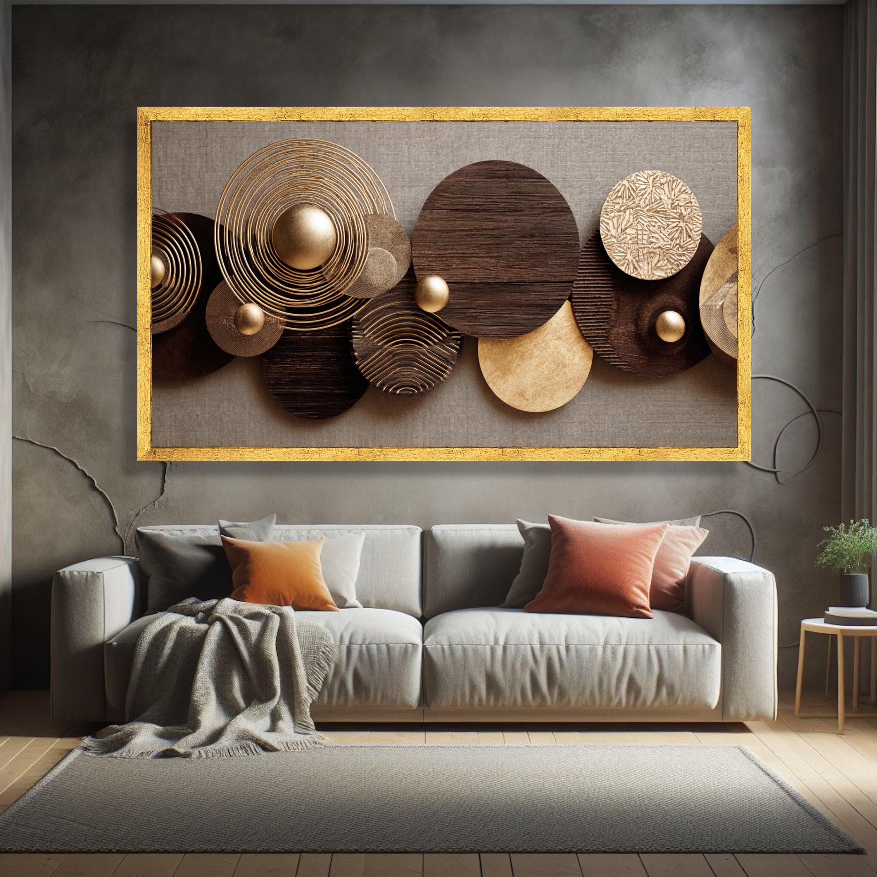 Modern Geometric Circles Canvas Wall Art, Metallic Gold and Dark Wood Texture, Abstract 3D Effect Home Decor, Contemporary Living Room - image 3