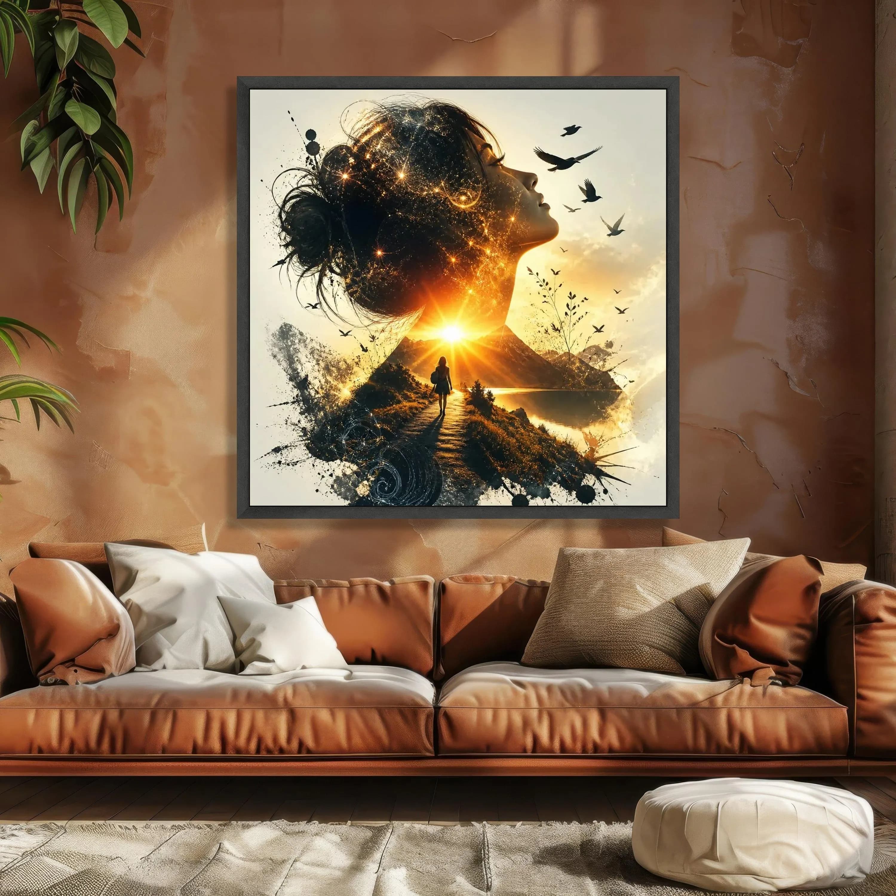 Woman Silhouette with Sunset Path Canvas, Inspirational Nature Scene, Spiritual Landscape Wall Art, Birds and Mountain View, Home Decor - image 4