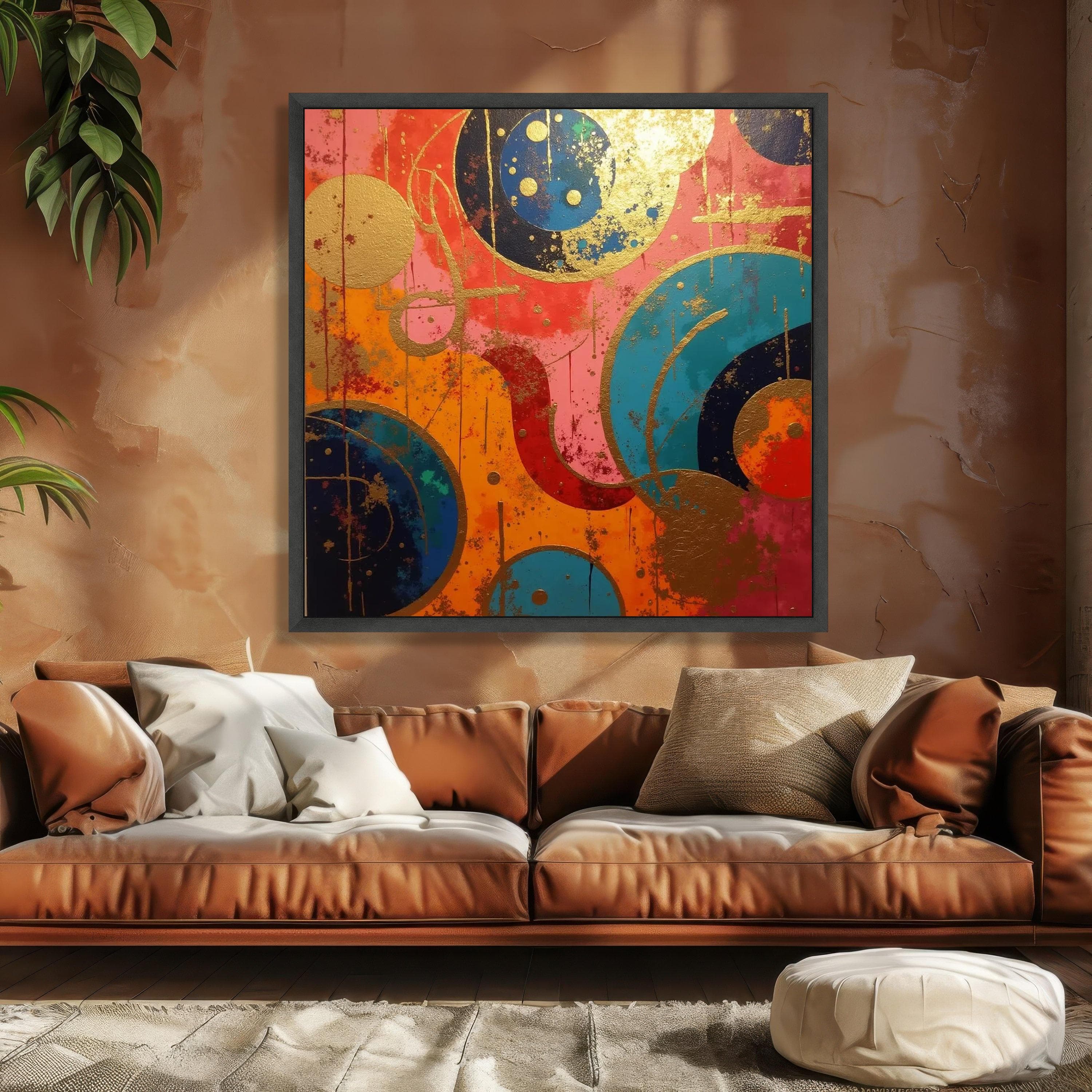 Vibrant Abstract Circles Canvas, Modern Geometric Wall Art, Colorful Home Decoration, Blue Orange Pink Canvas Art, Gold Accents Canvas - image 4