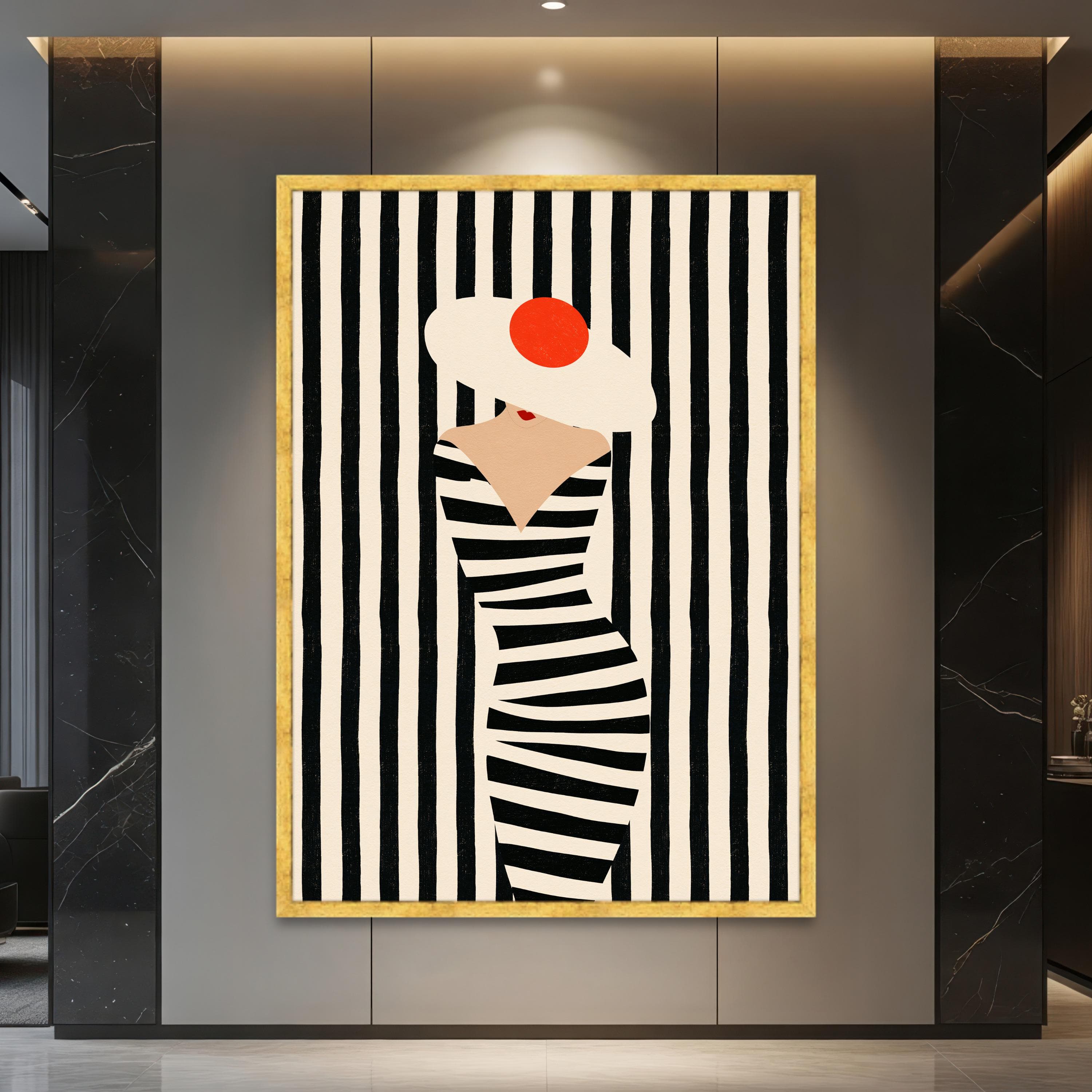 Black and Beige Woman Portrait Canvas Artwork, Red Beret Fashion Illustration with Striped Abstract Composition, Personalization Available - image 3