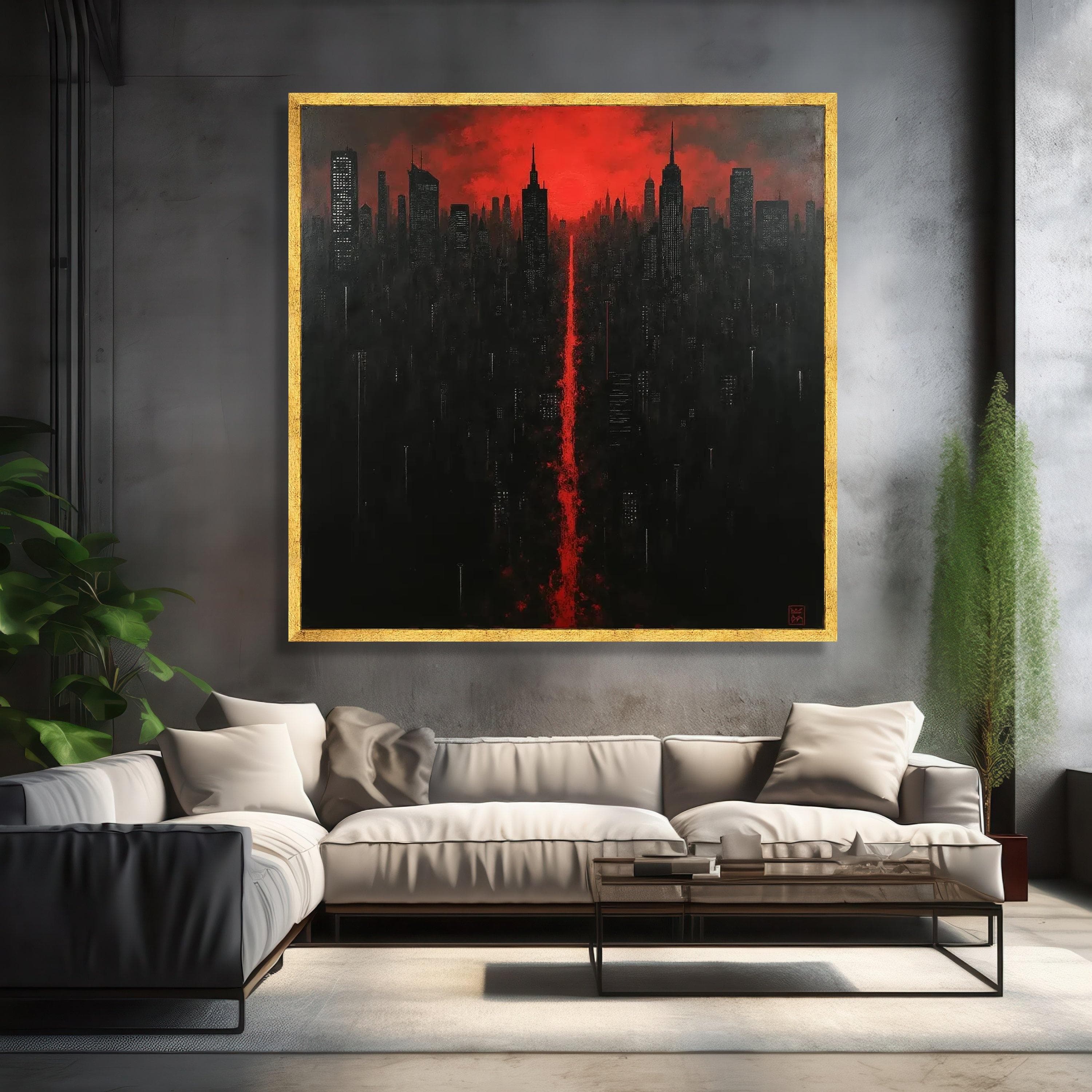 Dramatic City Skyline Canvas, Red Sunset Urban Wall Art, Modern Cityscape Painting, Nighttime City Lights Canvas, Contemporary Home Decor - image 3