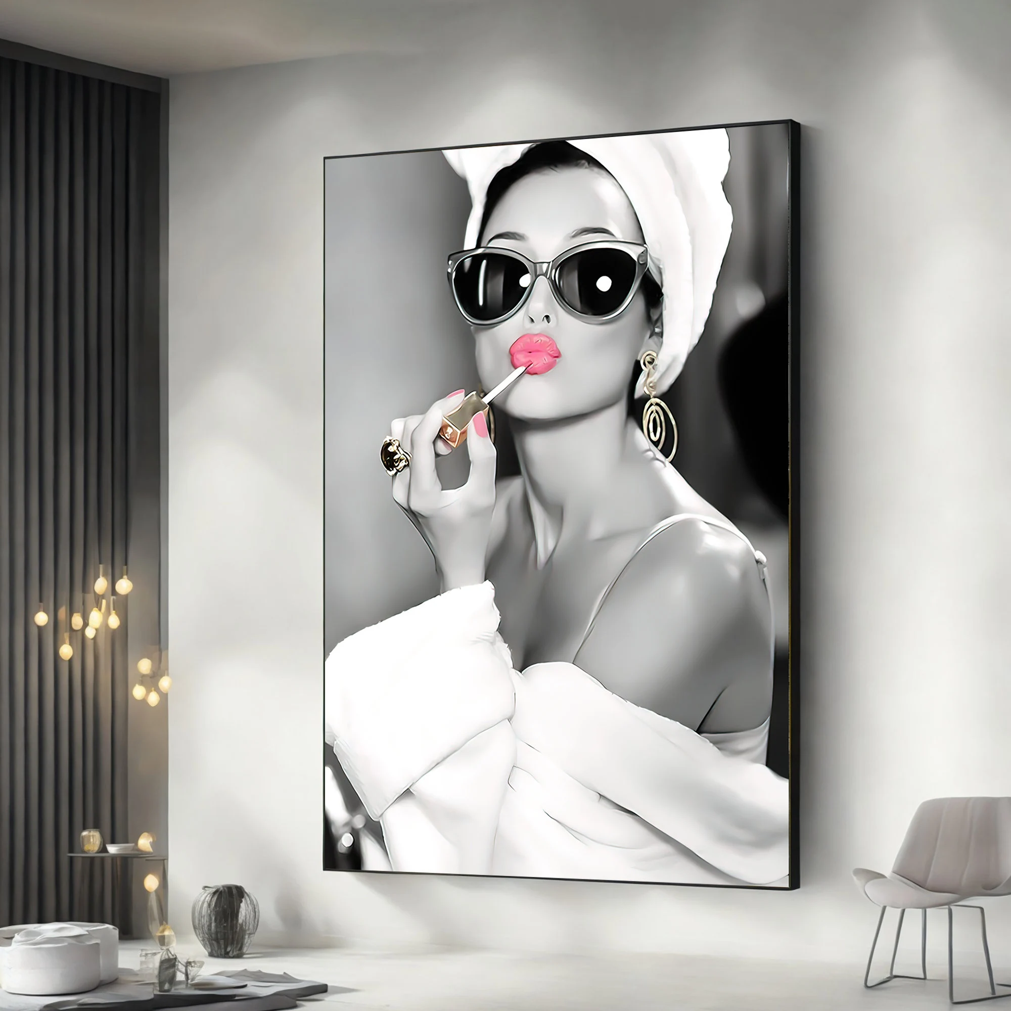 Woman in Lipstick, Audrey Hepburn style, Woman in Robe, Audrey Hepburn Makeup, Canvas Print, Audrey Hepburn Pink Lips, Pop Art Home Decor,