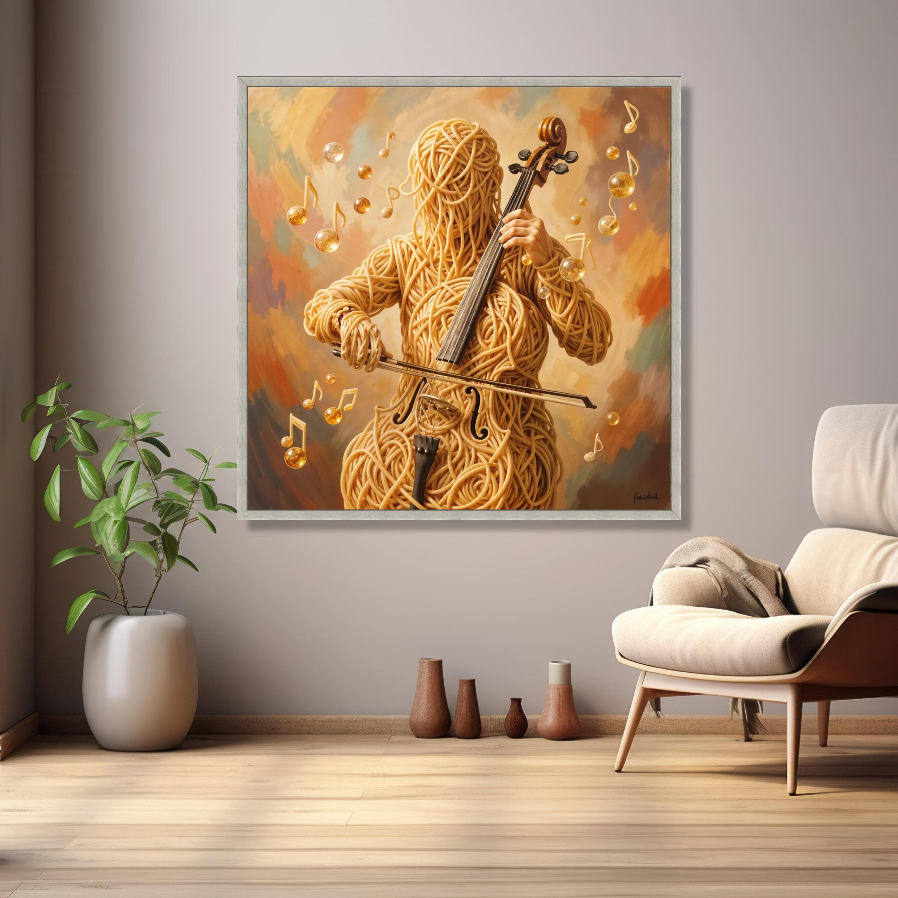 Surreal Spaghetti Musician Canvas, Violin Player Wall Art, Creative Pasta Art, Unique Instrument Canvas, Modern Abstract Home Decor - image 5