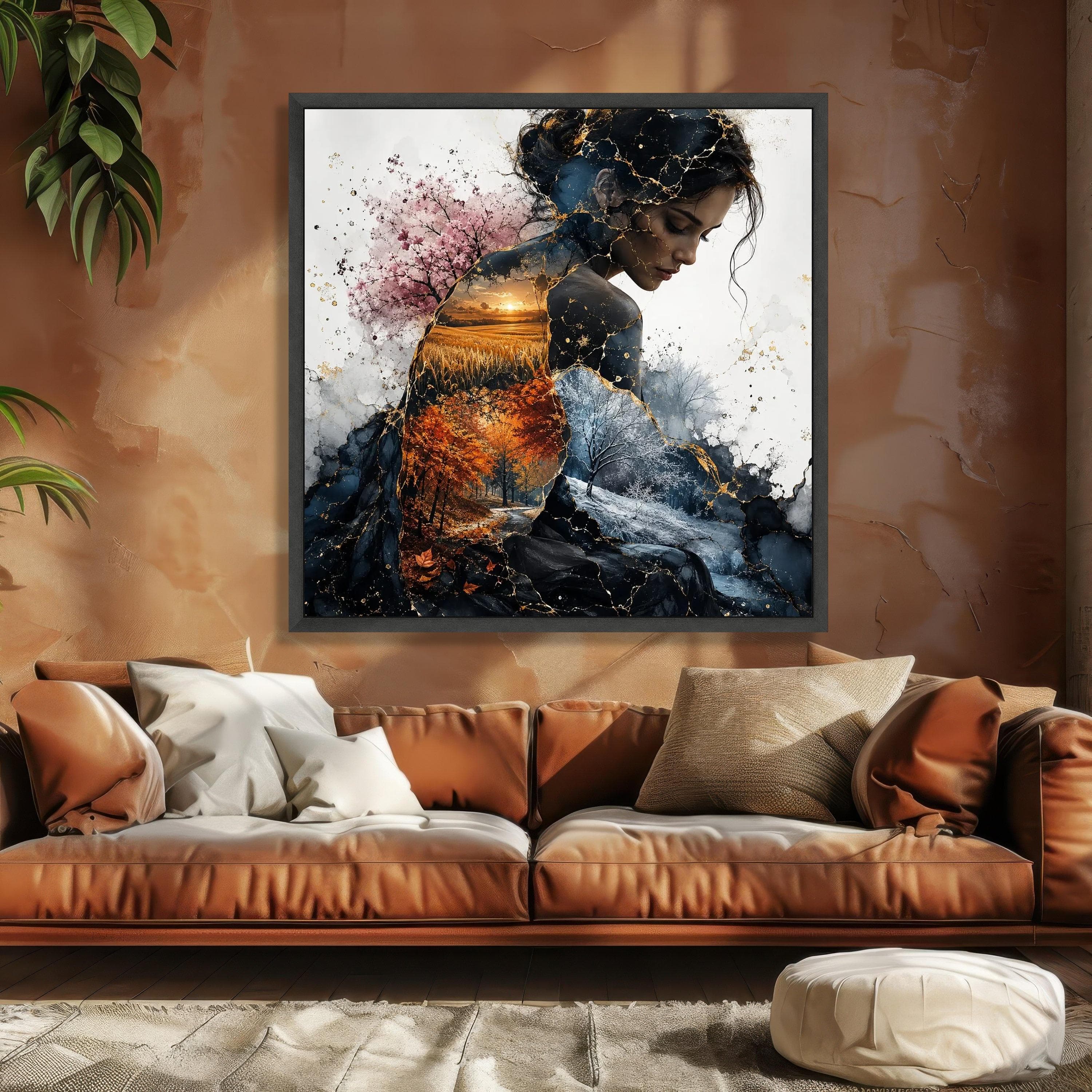 Seasons of Womanhood Canvas Wall Art, Four Seasons Landscape, Nature and Portrait Fusion, Autumn Winter Spring Summer Scene, Gold Detail - image 4