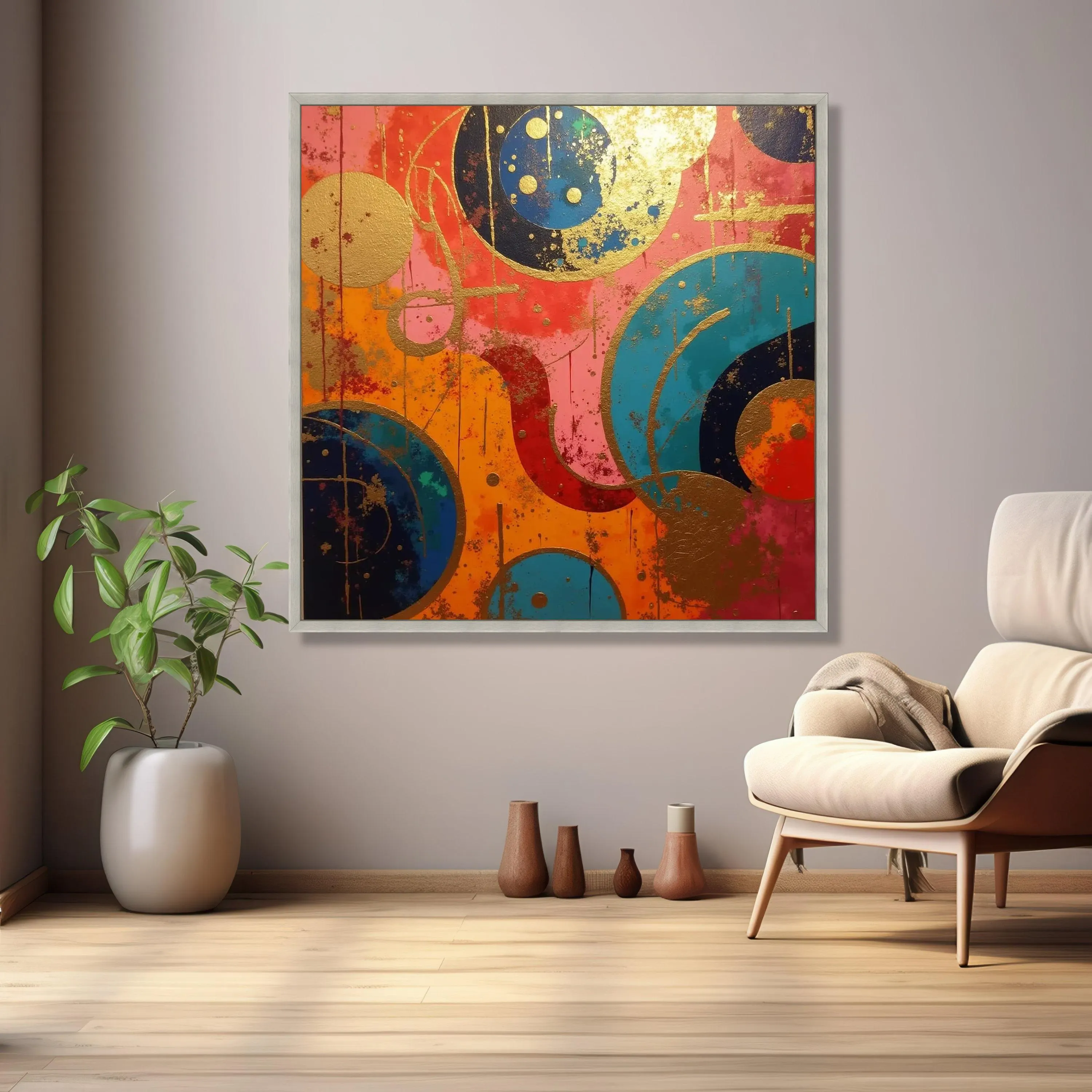 Vibrant Abstract Circles Canvas, Modern Geometric Wall Art, Colorful Home Decoration, Blue Orange Pink Canvas Art, Gold Accents Canvas - image 5
