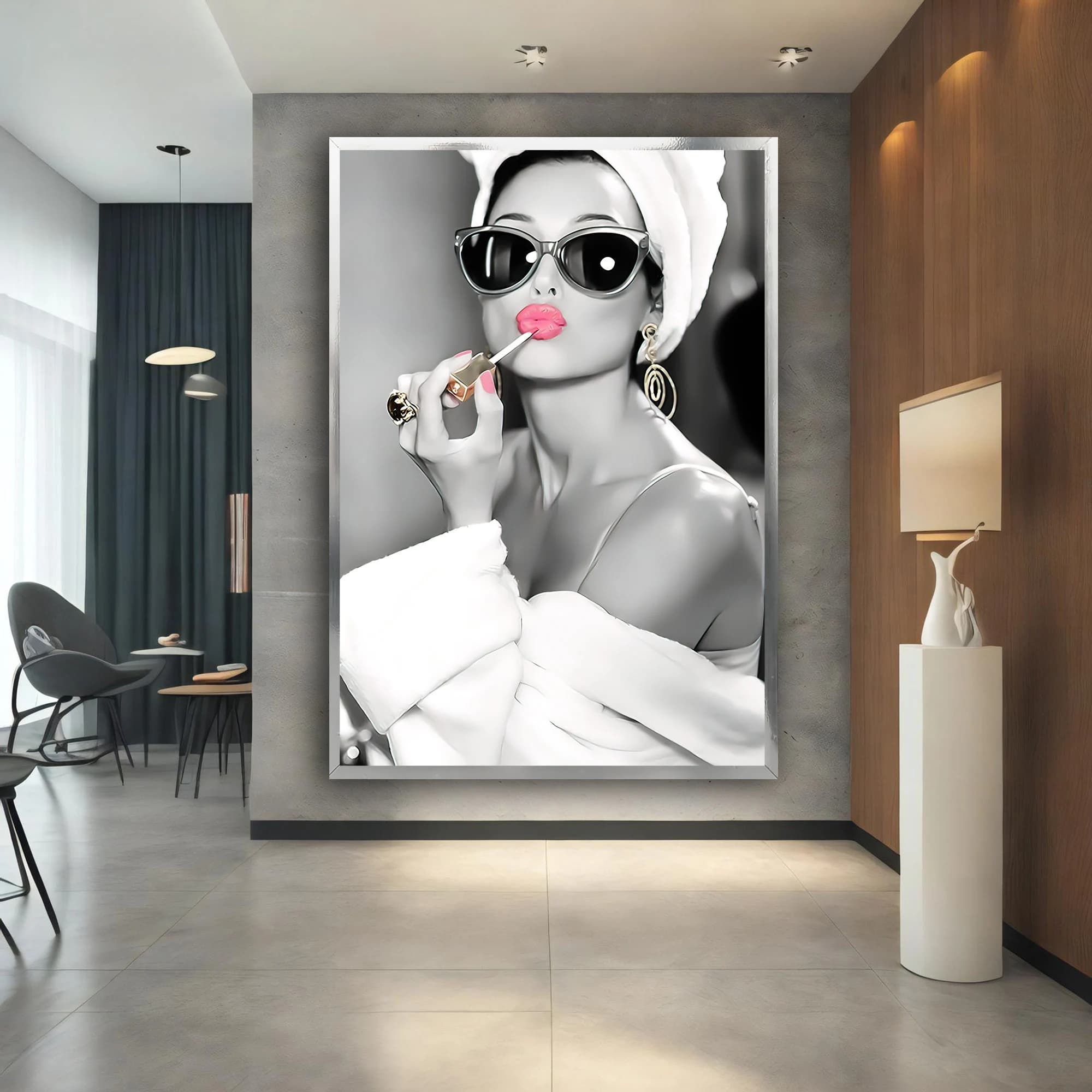 Woman in Lipstick, Audrey Hepburn style, Woman in Robe, Audrey Hepburn Makeup, Canvas Print, Audrey Hepburn Pink Lips, Pop Art Home Decor, - image 5