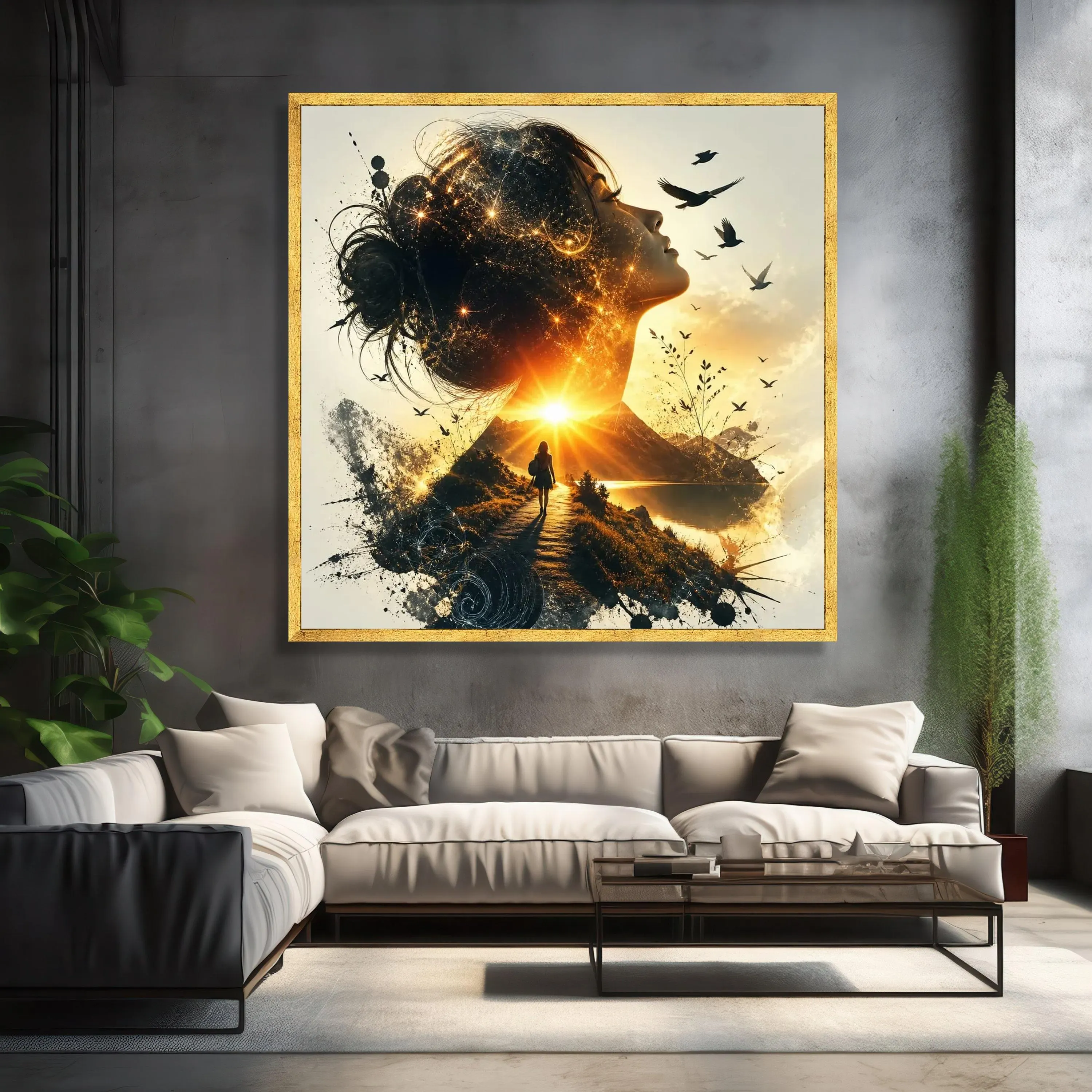 Woman Silhouette with Sunset Path Canvas, Inspirational Nature Scene, Spiritual Landscape Wall Art, Birds and Mountain View, Home Decor - image 3