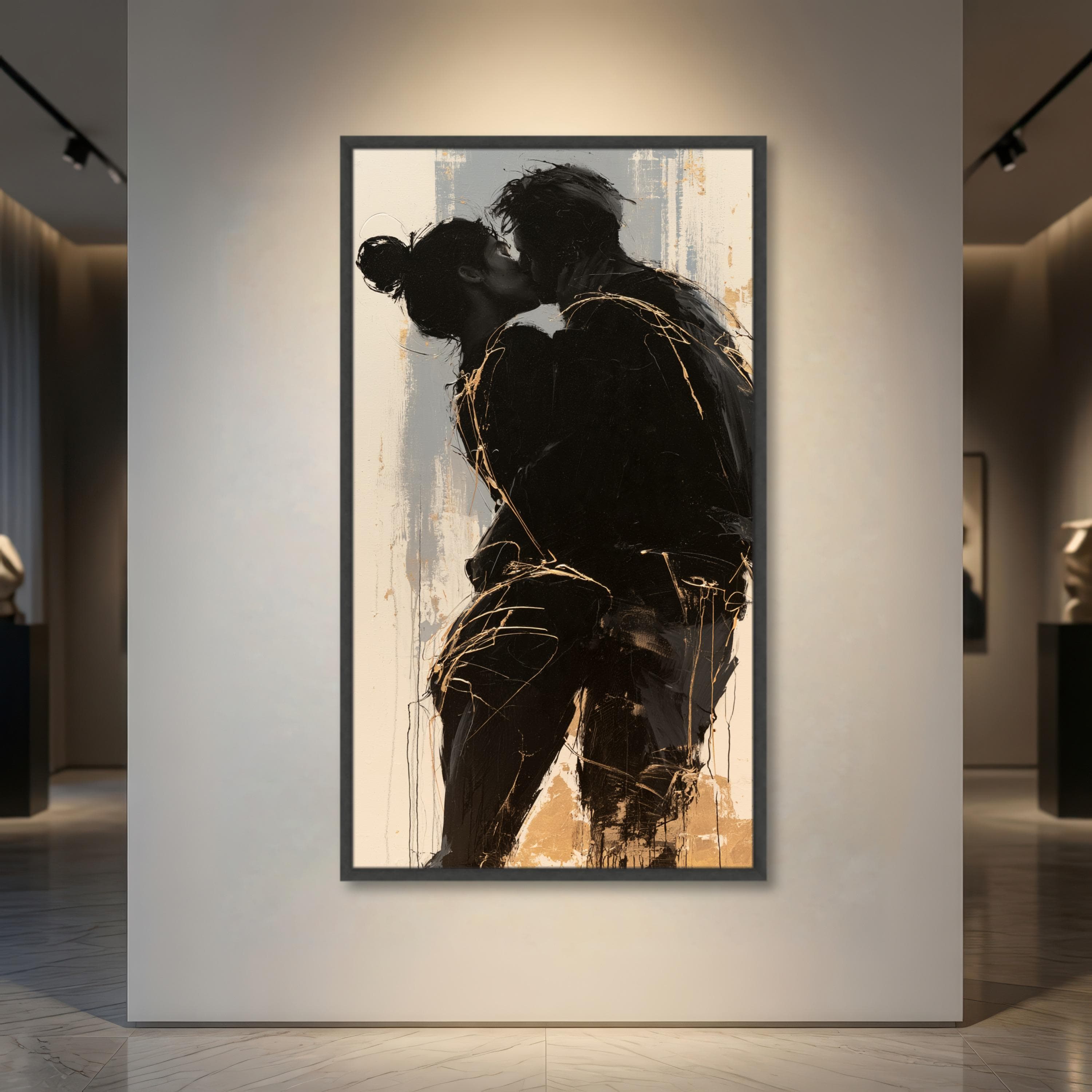 Kissing Couple Canvas Artwork, Black and Bronze Romantic Figurative Scene, Contemporary Couple Decor, Multiple Sizes and Frame Options - image 4