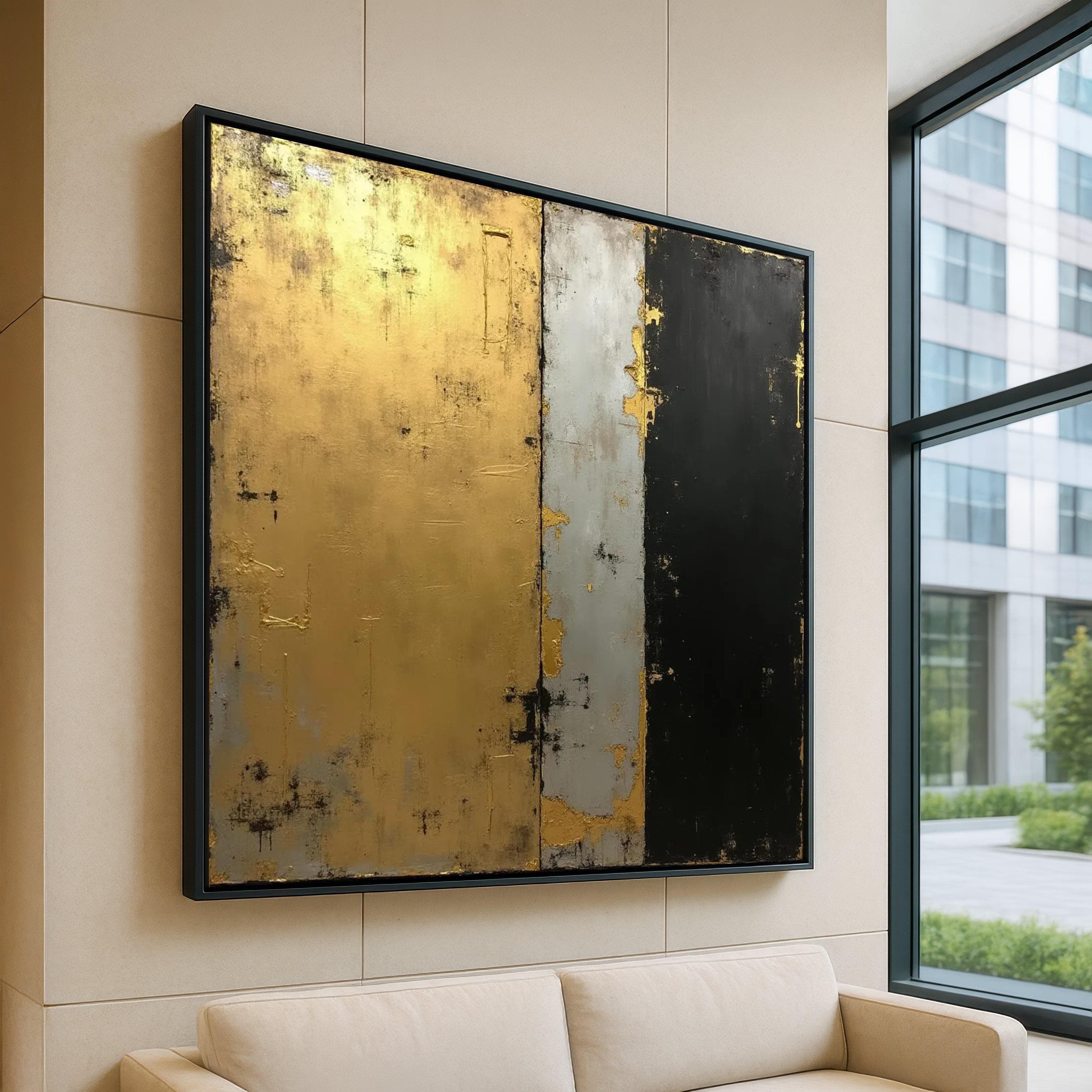 Elegant Gold Black Grey Abstract Canvas, Modern Geometric Wall Art, Contemporary Home Decor, Large Panel Canvas, Minimalist Painting Design
