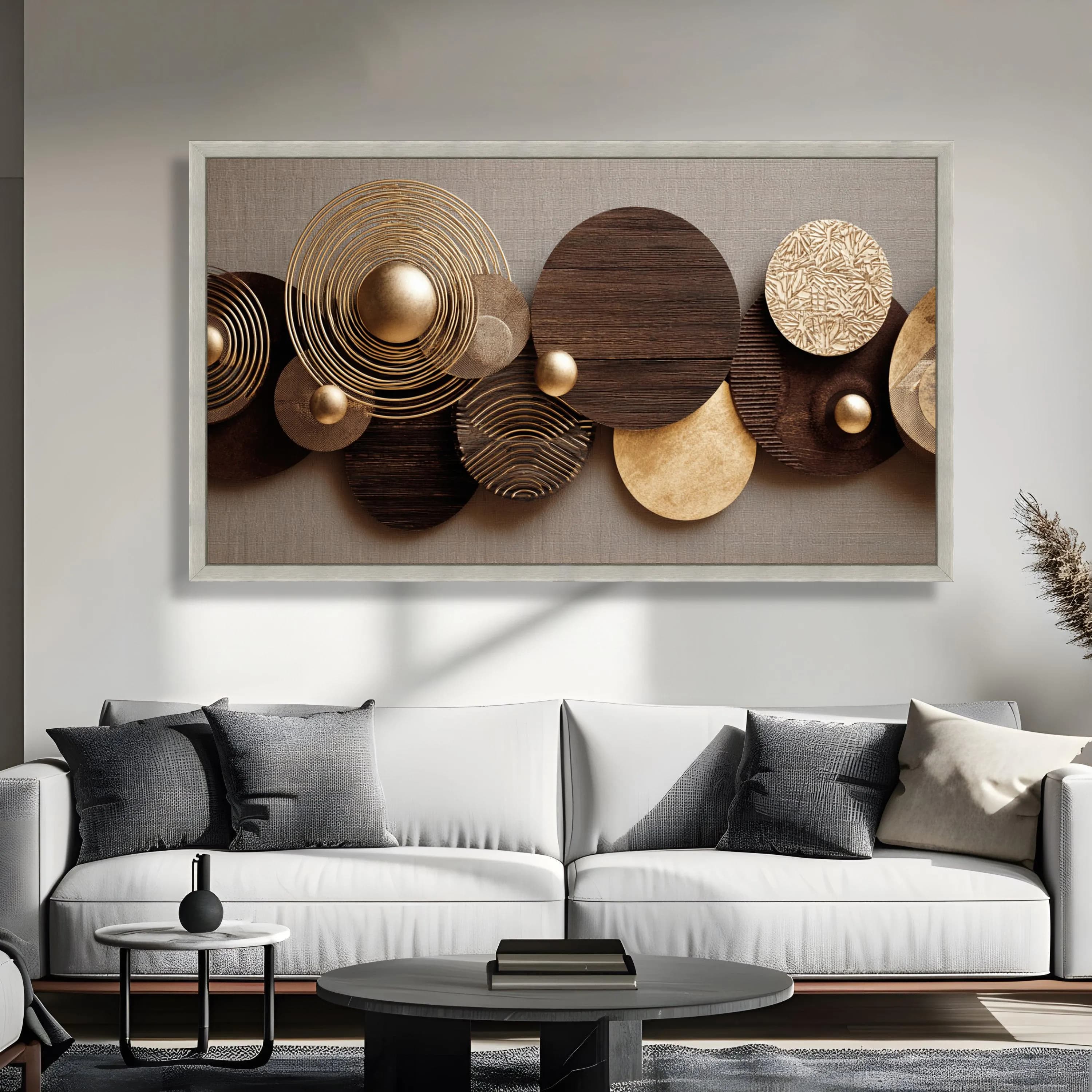 Modern Geometric Circles Canvas Wall Art, Metallic Gold and Dark Wood Texture, Abstract 3D Effect Home Decor, Contemporary Living Room - image 5
