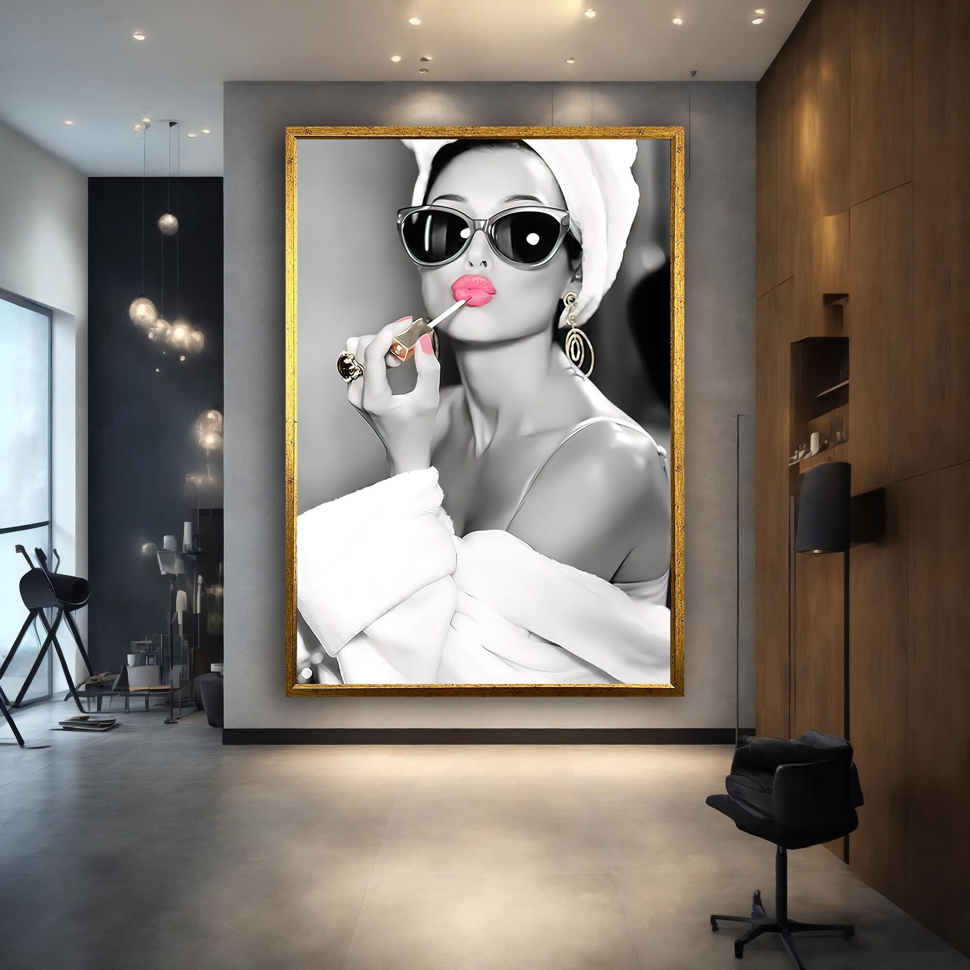 Woman in Lipstick, Audrey Hepburn style, Woman in Robe, Audrey Hepburn Makeup, Canvas Print, Audrey Hepburn Pink Lips, Pop Art Home Decor, - image 4