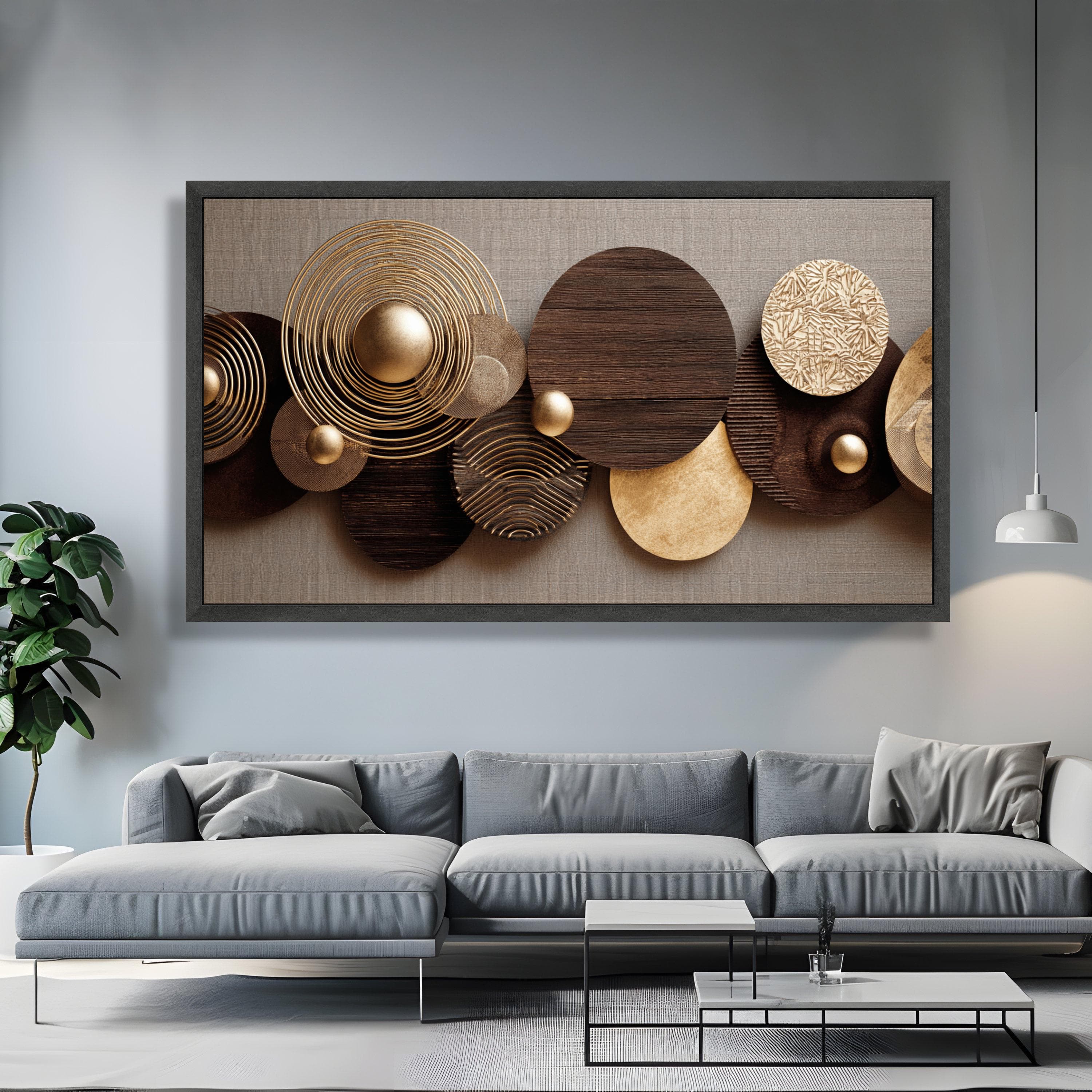 Modern Geometric Circles Canvas Wall Art, Metallic Gold and Dark Wood Texture, Abstract 3D Effect Home Decor, Contemporary Living Room - image 4