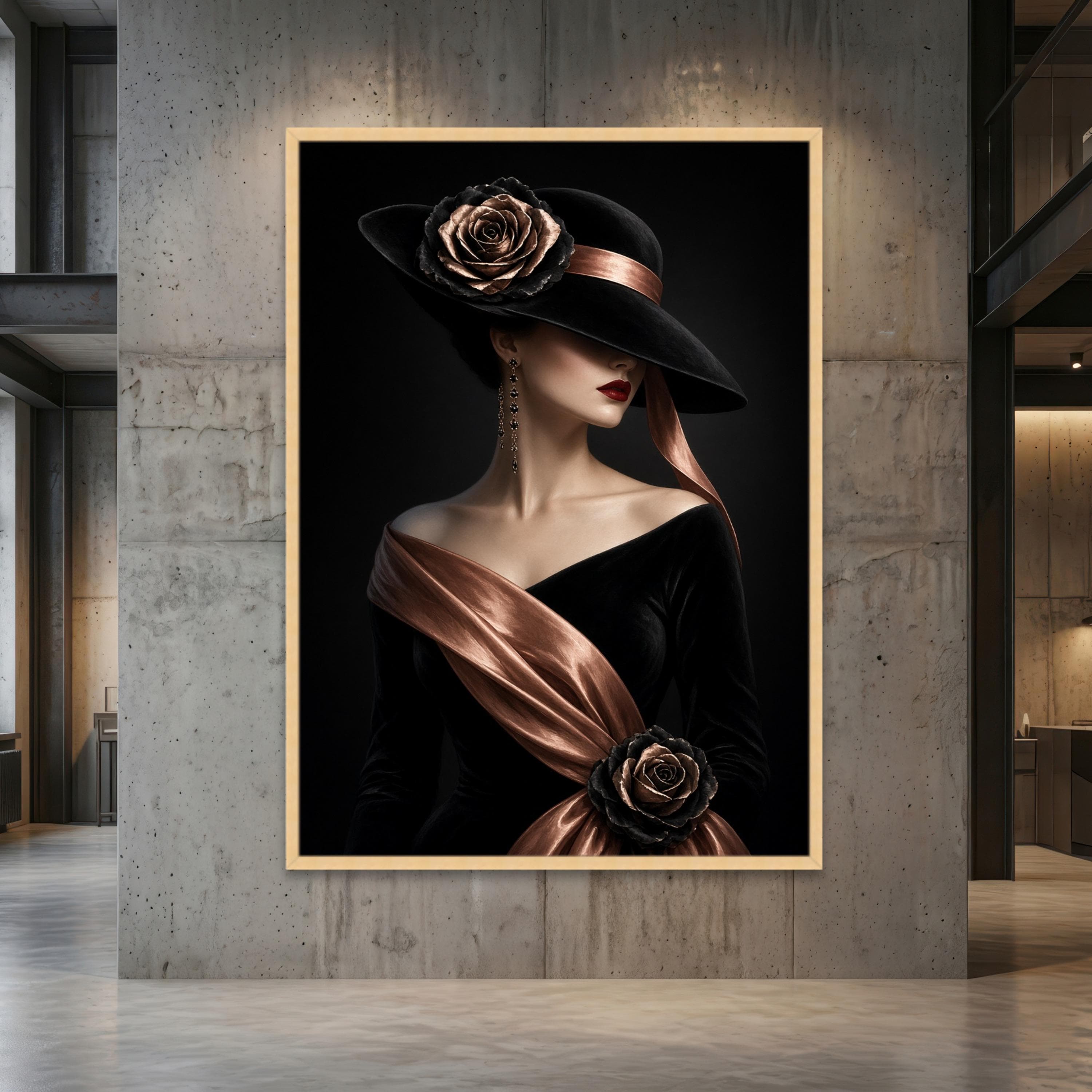 Black Hat Woman Canvas Artwork, Copper Rose Portrait, Gothic Fashion, Dramatic Black and Brown Lady, Dark Feminine Style, Personalized - image 5