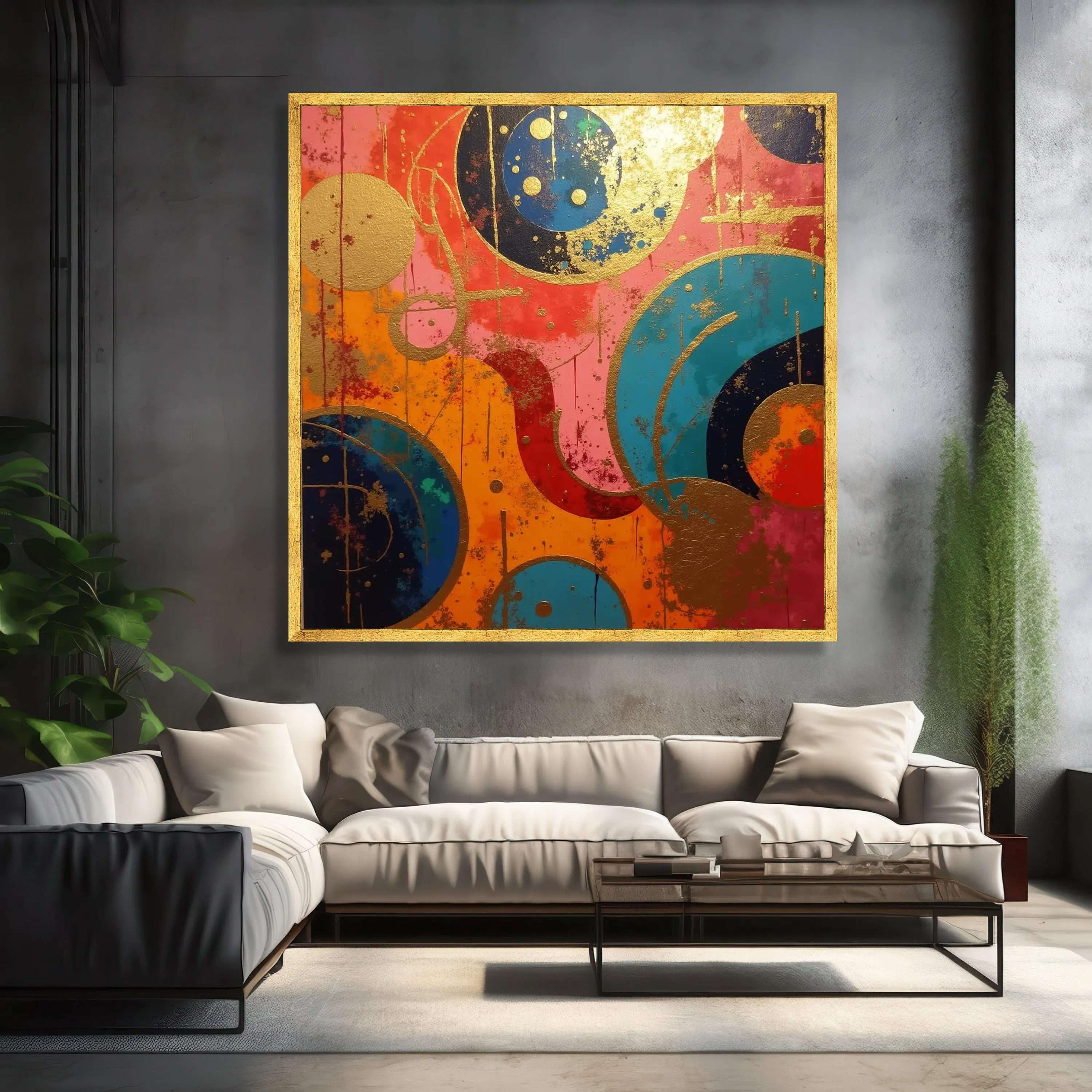 Vibrant Abstract Circles Canvas, Modern Geometric Wall Art, Colorful Home Decoration, Blue Orange Pink Canvas Art, Gold Accents Canvas - image 3