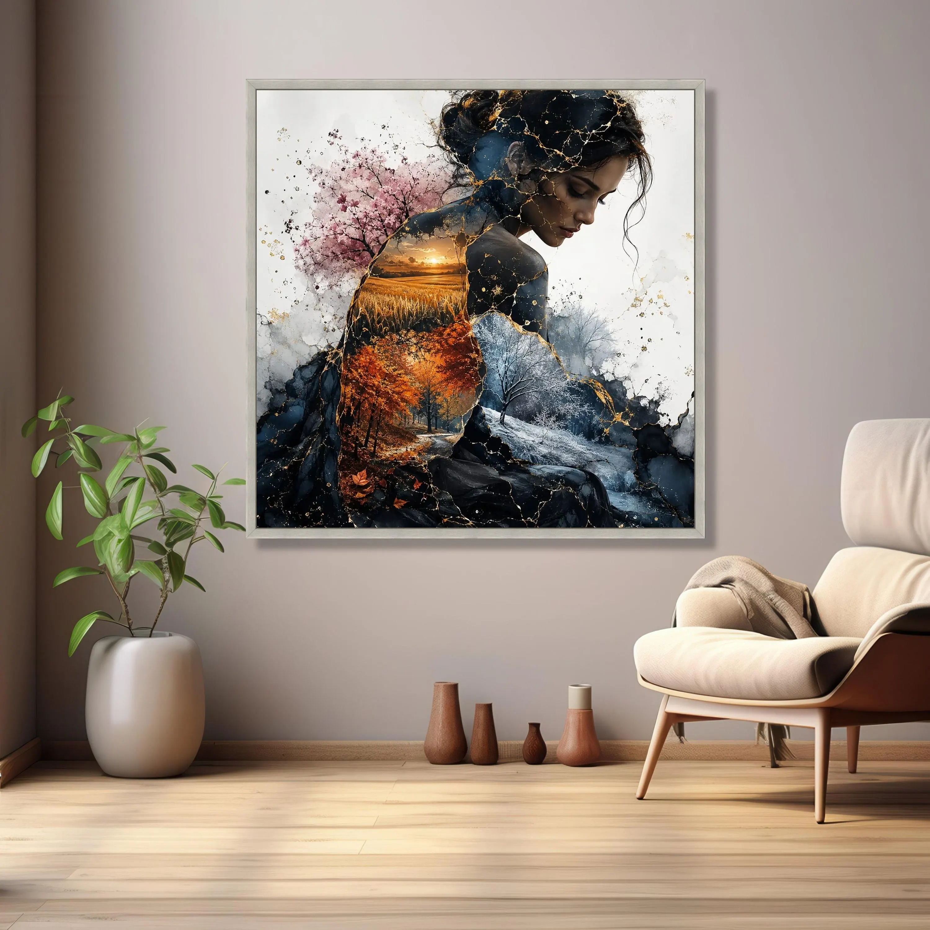 Seasons of Womanhood Canvas Wall Art, Four Seasons Landscape, Nature and Portrait Fusion, Autumn Winter Spring Summer Scene, Gold Detail - image 5