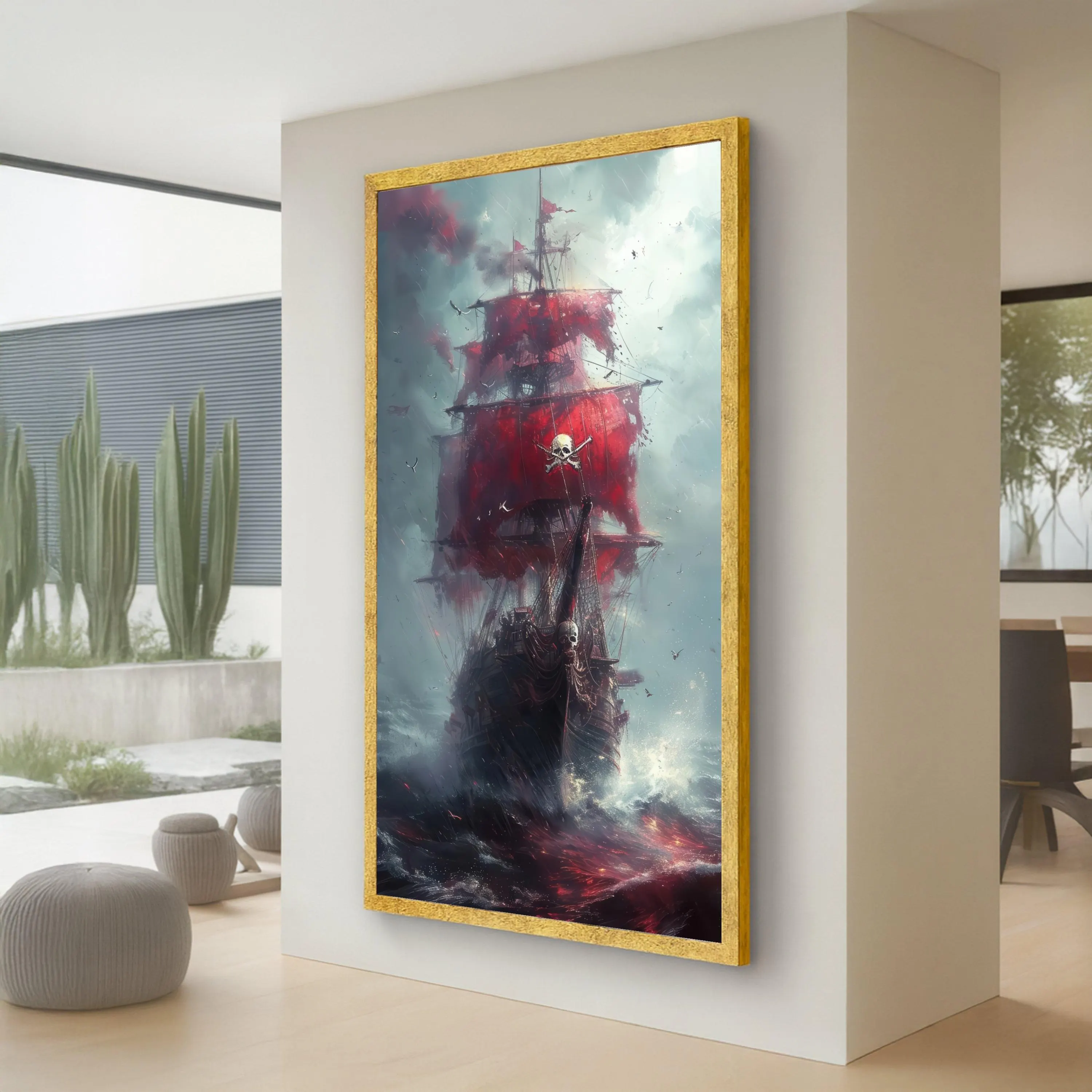 Dark Pirate Ship with Red Sails Canvas, Skull and Crossbones Canvas Wall Art, Dramatic Ocean Scene, Gothic Nautical Decor, Stormy Sea Canvas