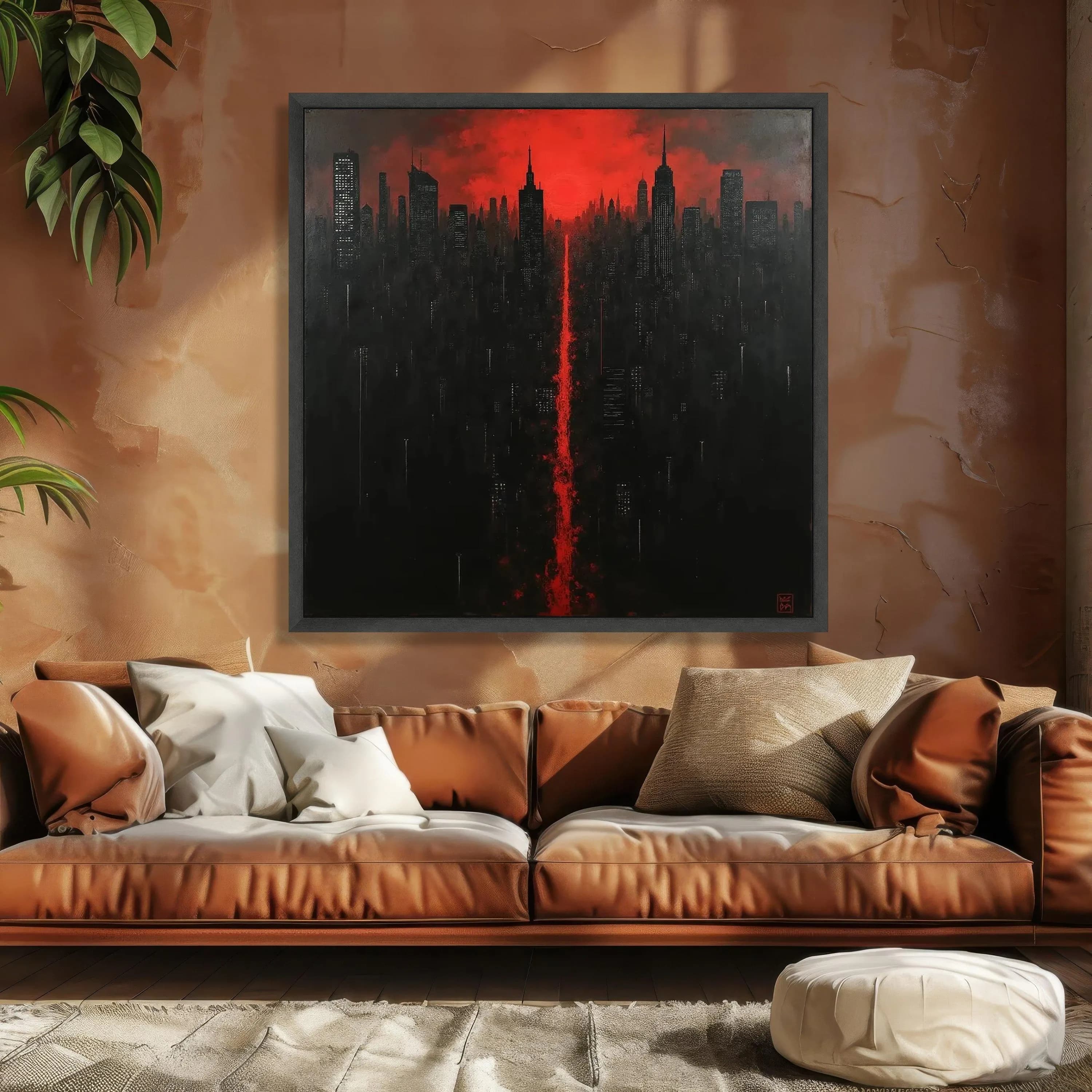 Dramatic City Skyline Canvas, Red Sunset Urban Wall Art, Modern Cityscape Painting, Nighttime City Lights Canvas, Contemporary Home Decor - image 4