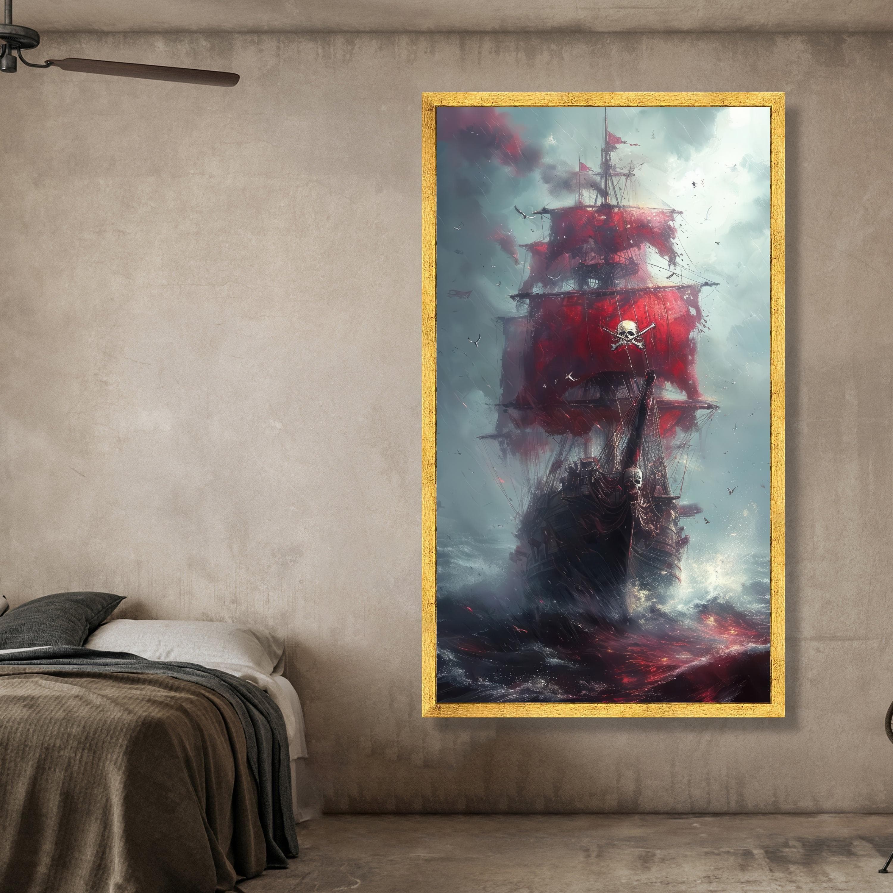 Dark Pirate Ship with Red Sails Canvas, Skull and Crossbones Canvas Wall Art, Dramatic Ocean Scene, Gothic Nautical Decor, Stormy Sea Canvas - image 3