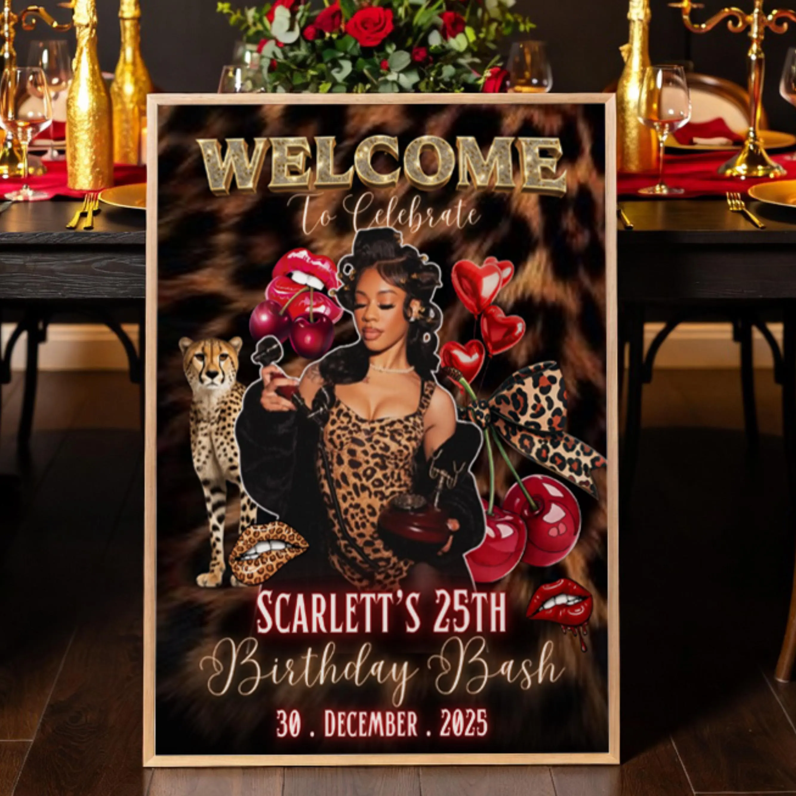 Cheetah Print Birthday Welcome Sign Leopard Red and gold Sign Poster,Red Cherry cheetah Party SignAdult cheetah Birthday Dinner sign - image 5