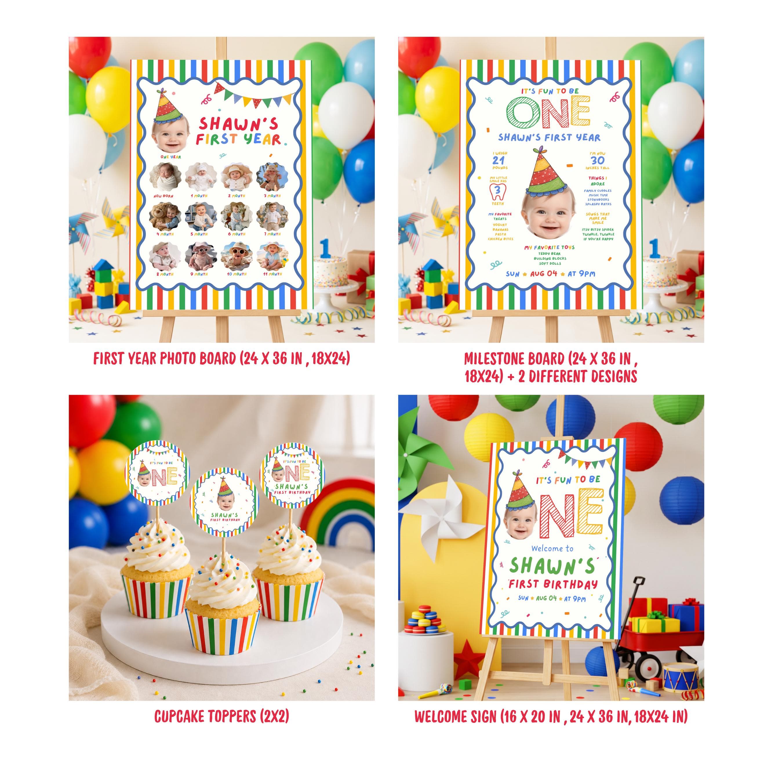 Fun to Be One Birthday Bundle, One is Fun Party Hat Birthday Party,Its fun to be one birthday Invitation, Colorful Boy Birthday Invite, Sign - image 4