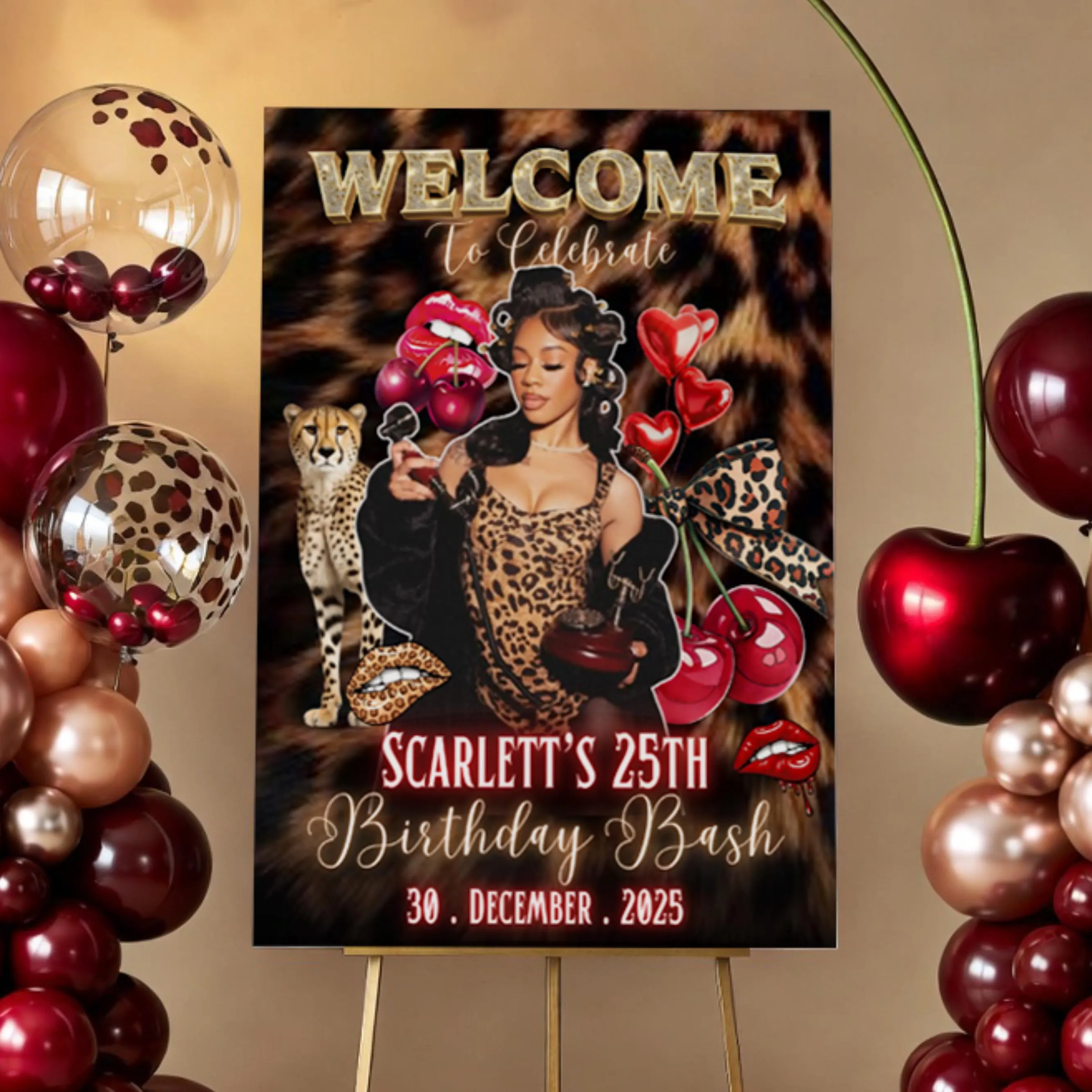 Cheetah Print Birthday Welcome Sign Leopard Red and gold Sign Poster,Red Cherry cheetah Party SignAdult cheetah Birthday Dinner sign - image 4